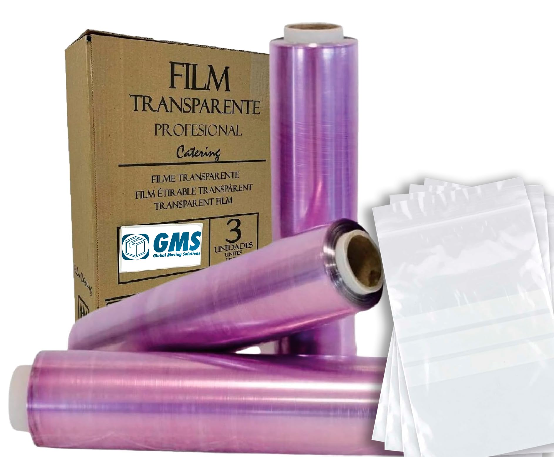 GMS 3 Rollos Film Alimentario 30cm x 300m (GARANTIZADOS) + 50 Bolsas con Cierre y Franja de Escritura - 18x25 cm, Calidad Profesional, Ideal para Cocina y Almacenaje de Alimentos (3 Rollo + 50 Bolsas)