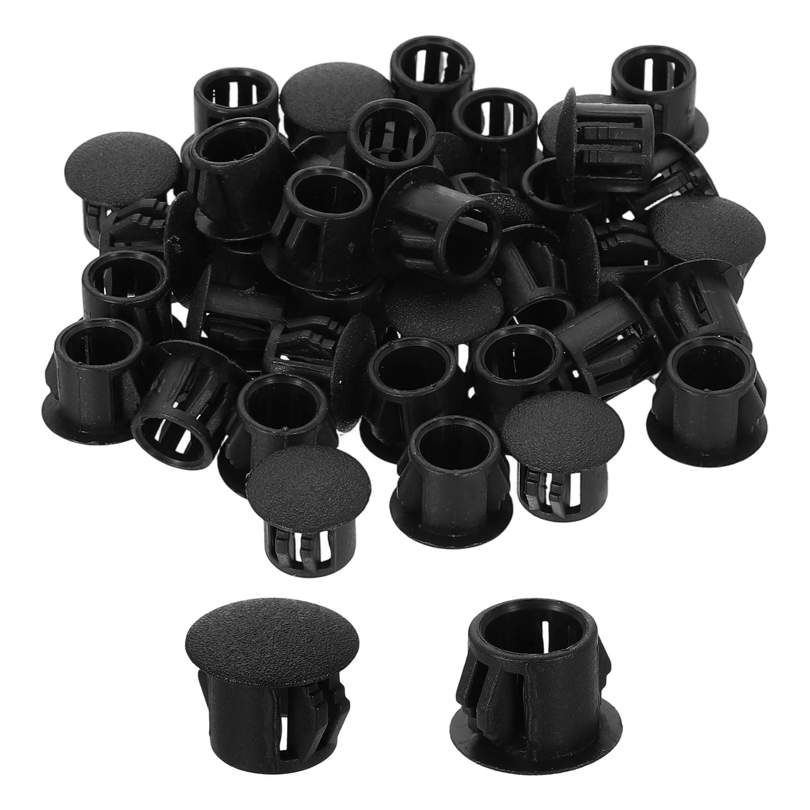 uxcell 60Pcs Plastic Hole Plugs, 10mm(3/8") Flush Type Panel Plugs, Round Snap Knockout Locking Plugs for Furniture Insert End Caps Panels, Black