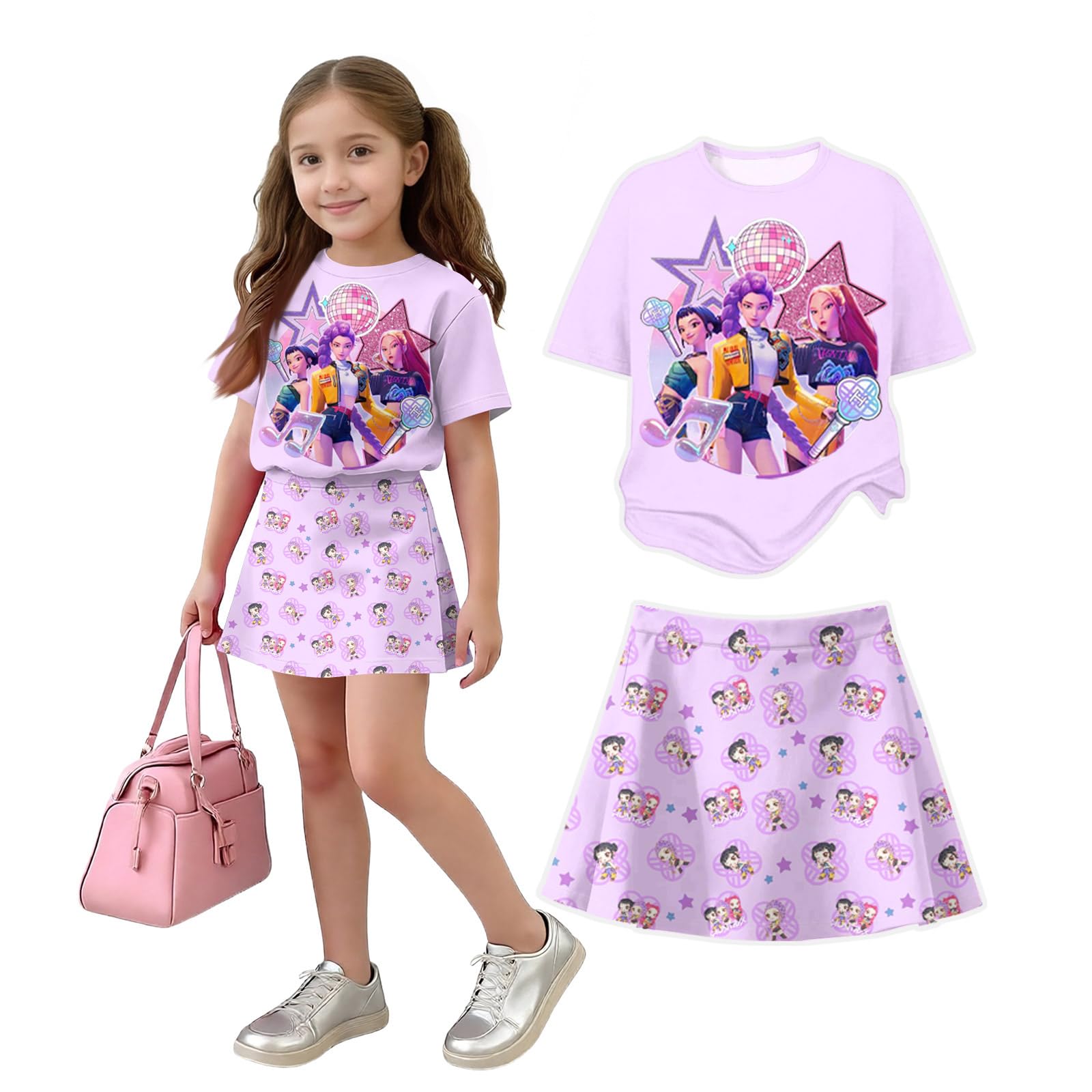 K Pop Short Sleeve T-Shirt and Skirts Outfits Set for Girls Hunters Girl's Anime Graphic Tees De-Mon Summer Sets — view 39