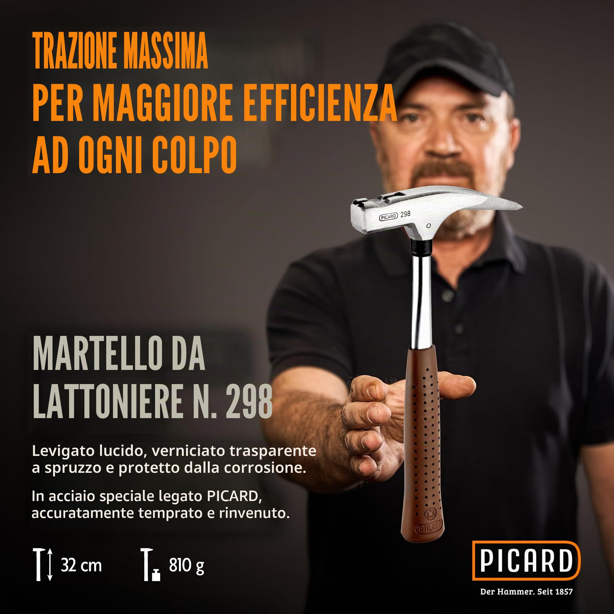 Martello da carpentiere PICARD n. 298 + Mini piede di porco BlackGiant® + Adesivo | Utensile professionale per copritetti 600 g | Manico in acciaio cromato-molibdeno | Portachiodi magnetico
