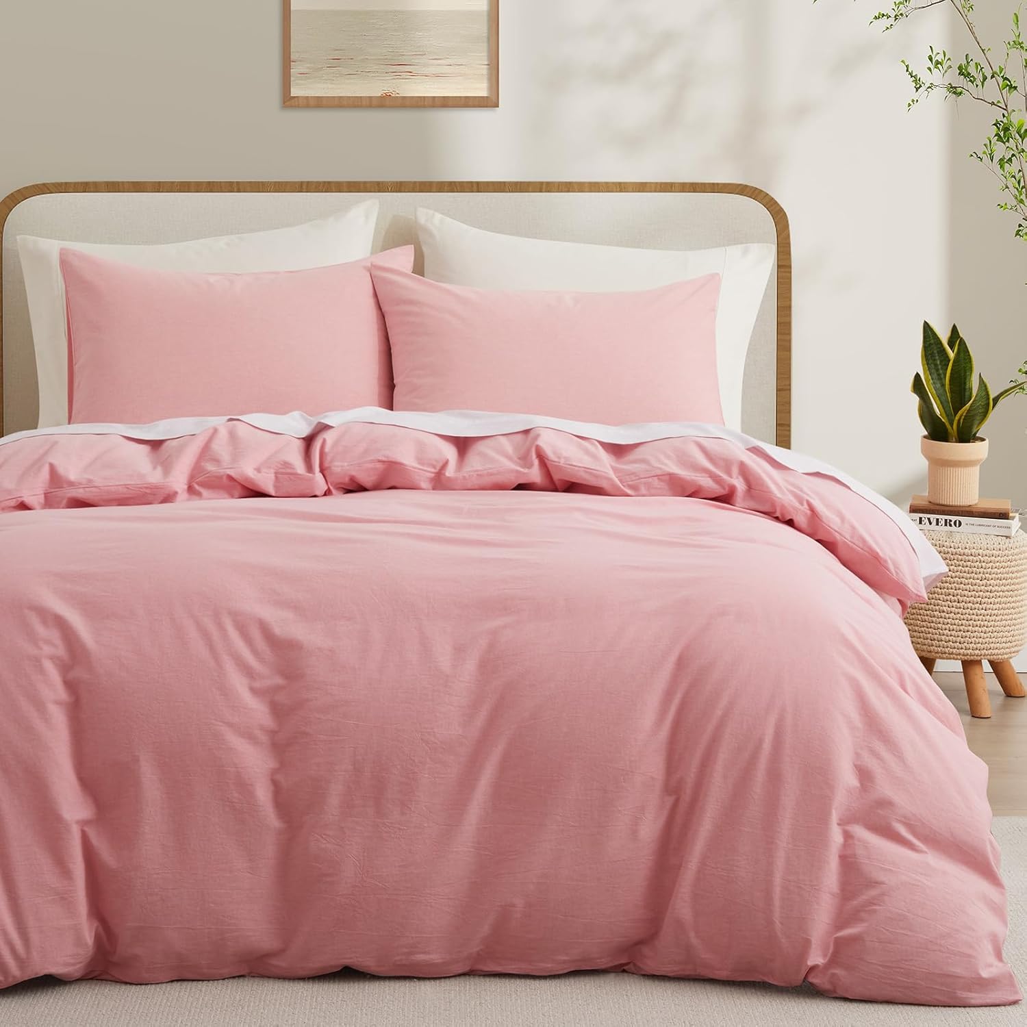 LOVQUE Pink Cotton Duvet Cover Queen Size, Linen Like