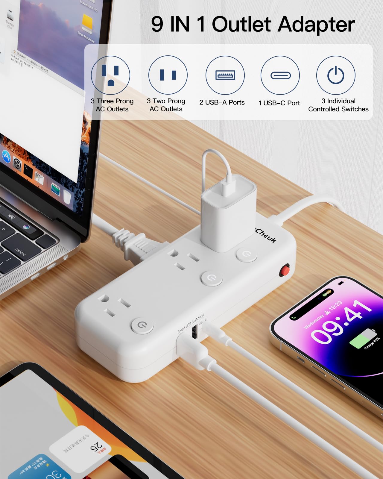 2 Prong Power Strip, 2 Prong to 3 Prong Outlet Adapter, 2 Prong Extension Cord with USB-C, 6 Outlets & 3 USB, 3 Prong Adapter 5ft, for Polarized Two Prong Outlet, Wall Mount, Non-Grounded, Old House