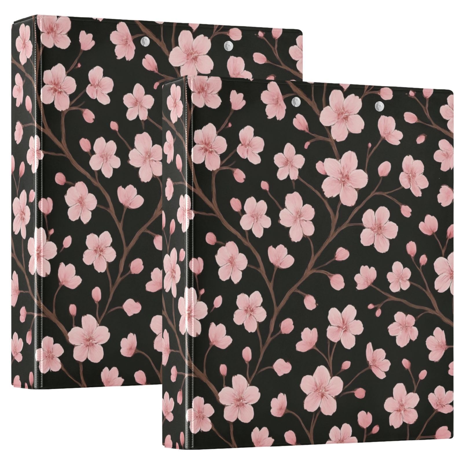 Carpeta de 3 anillos, carpeta de anillos en D negros con flores de cerezo rosa, paquete de 2 | Con portapapeles y bolsillos, para escuela, universidad, oficina