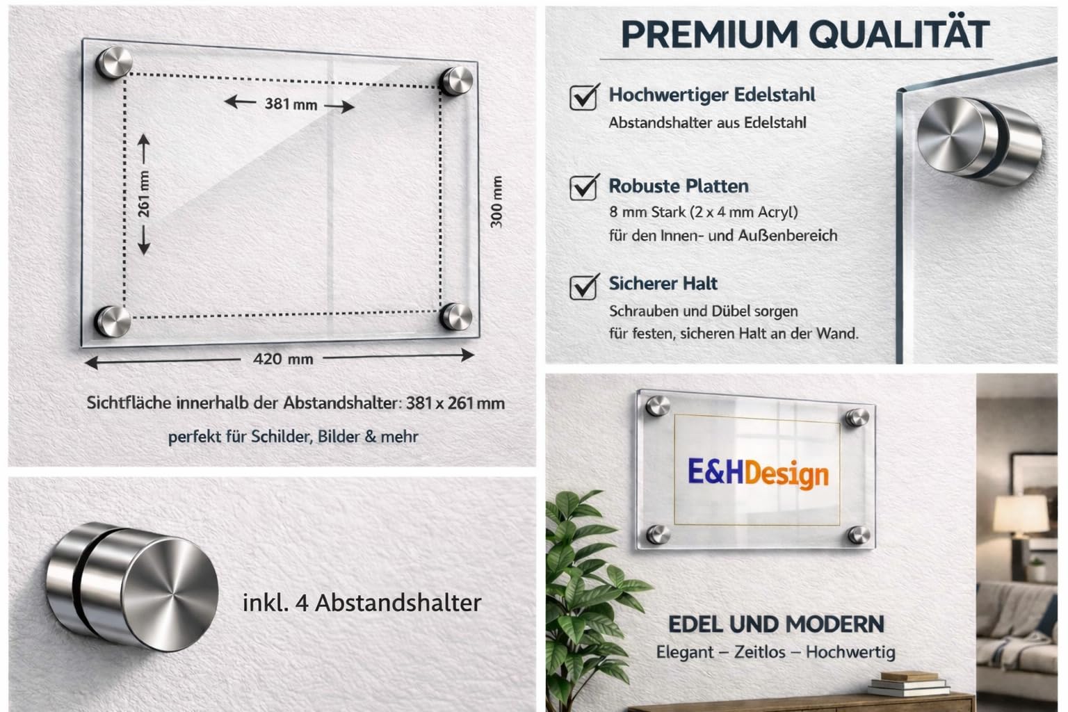 EH Design Türschild/Wandschild aus Acryl I Transparent klare Abdeckung, Büroschild zum selbst beschriften, Infoschild für Wandmontage I inkl. Befestigungsmaterial (300 x 420 mm Silber)