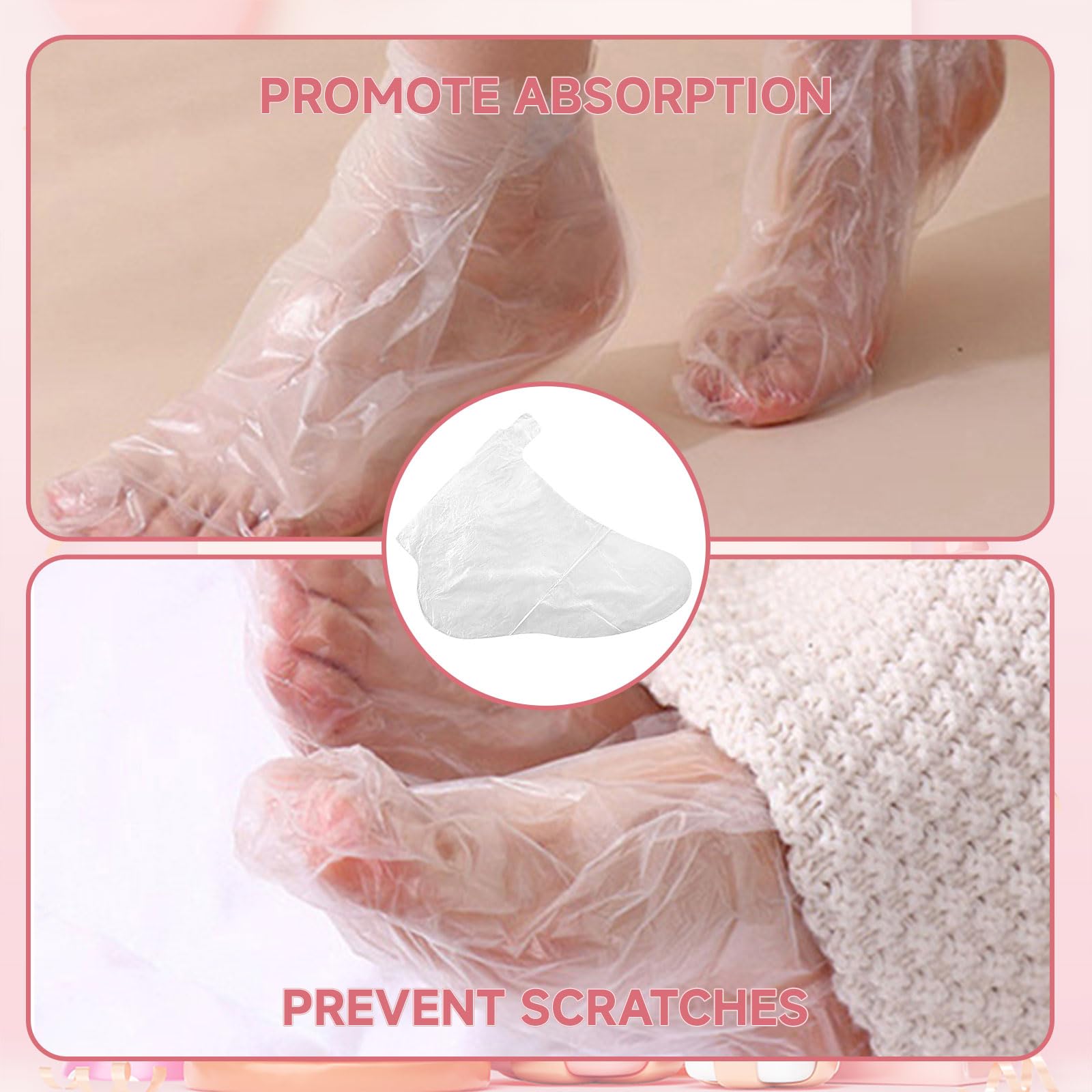 100 Calcetines Desechables de Plástico para Pedicura, Tratamiento de Cera de Parafina, Revestimiento de Baño de Cera para Pies, Máscara Transparente，Incluye pegatinas