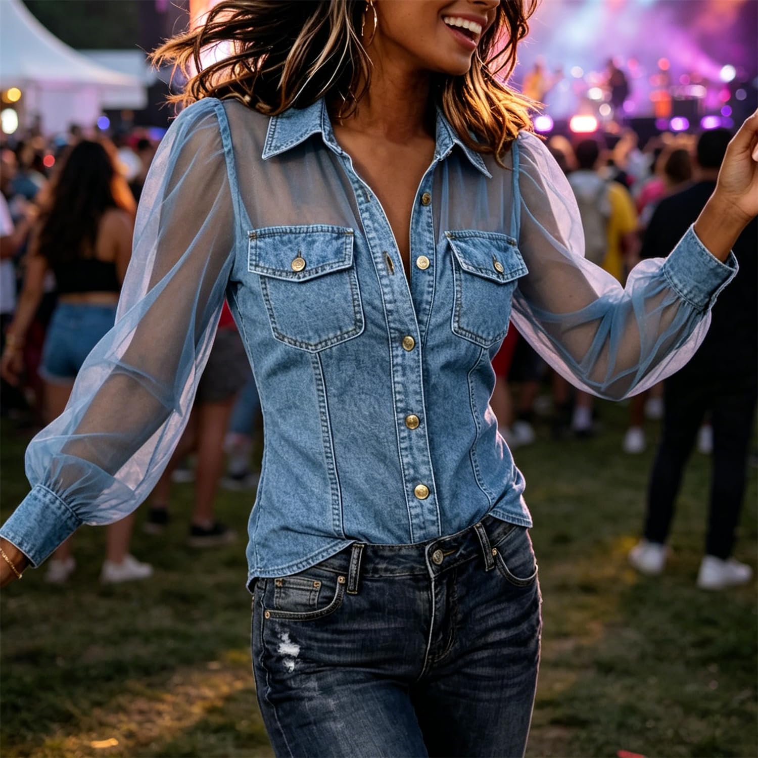 Camicia da Donna a Maniche Lunghe in Denim e Rete Trasparente, Blusa Button-Down con Tasche, vestibilità Slim e Sexy per Feste e Ufficio