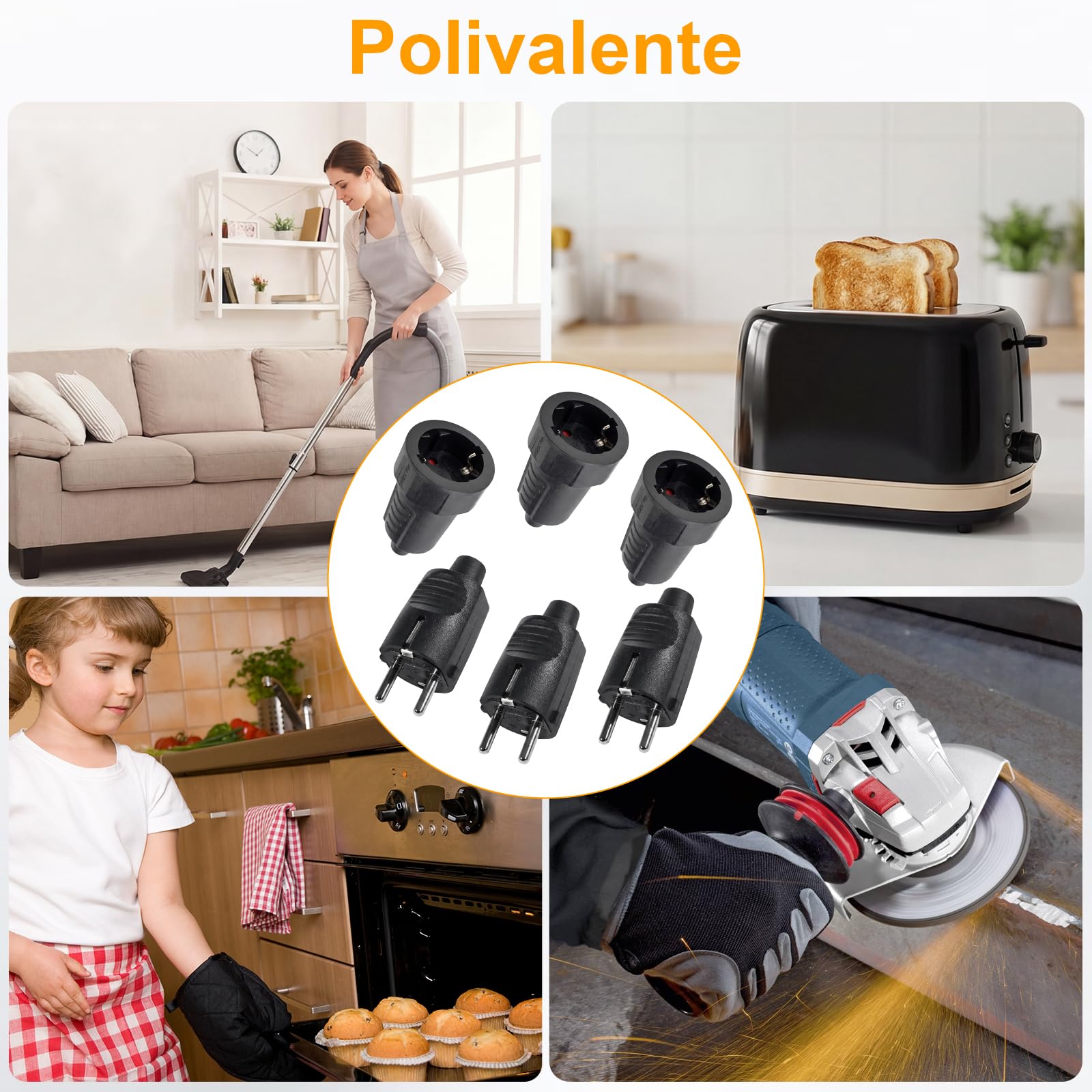 Kit de 3 Enchufes Schuko 250V IP44 – Clavija Enchufe Macho y Hembra con Alivio de Tensión para Interior y Exterior, 16A | 2 polos | Carcasa de Goma (Negro)