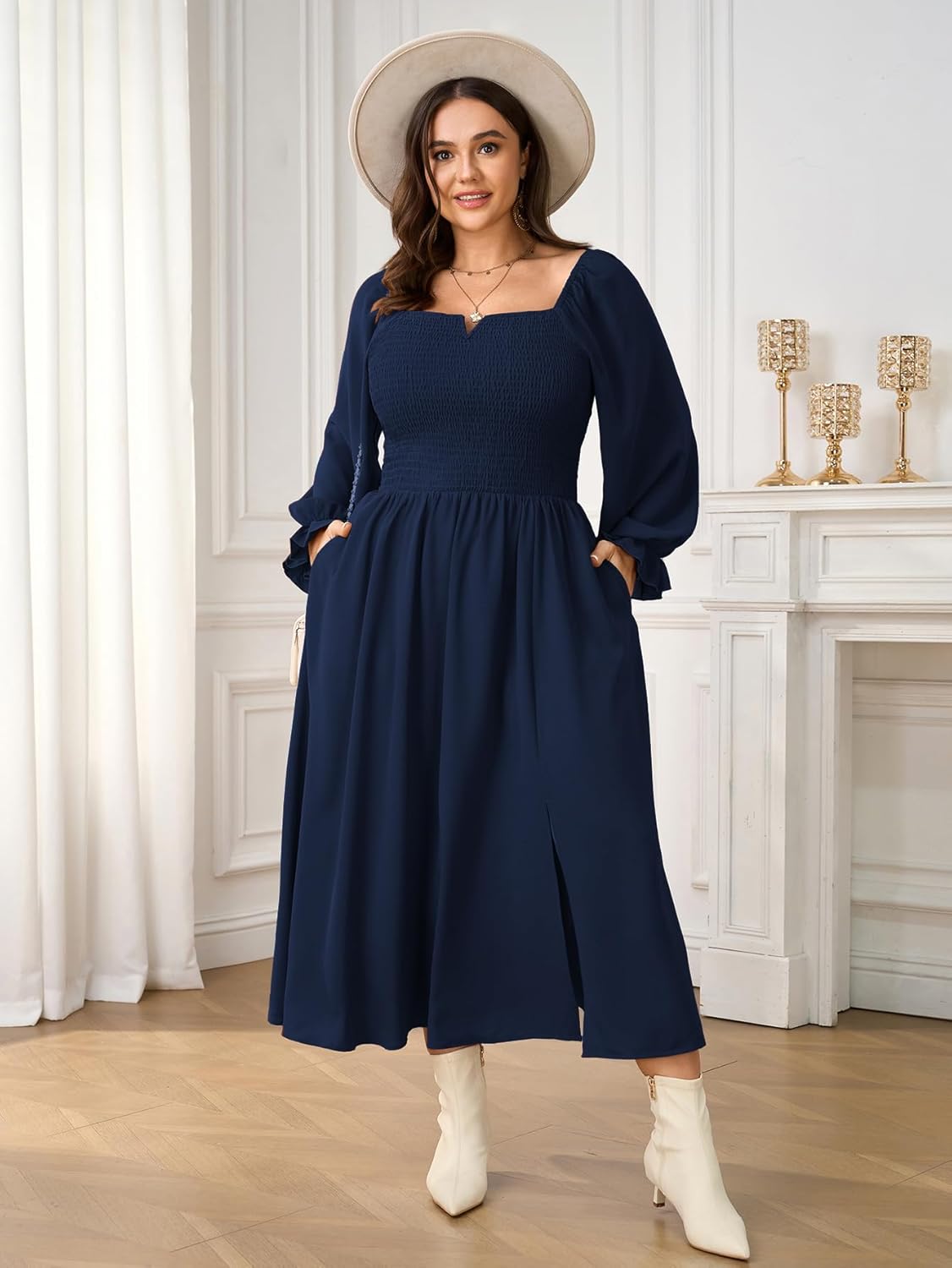 SCOMCHIC Womens Plus Size Maxi Dress Long Sleeve Square Neck Smocked Wedding Guest Flowy Split Fall Dresses with Pockets - Image 5