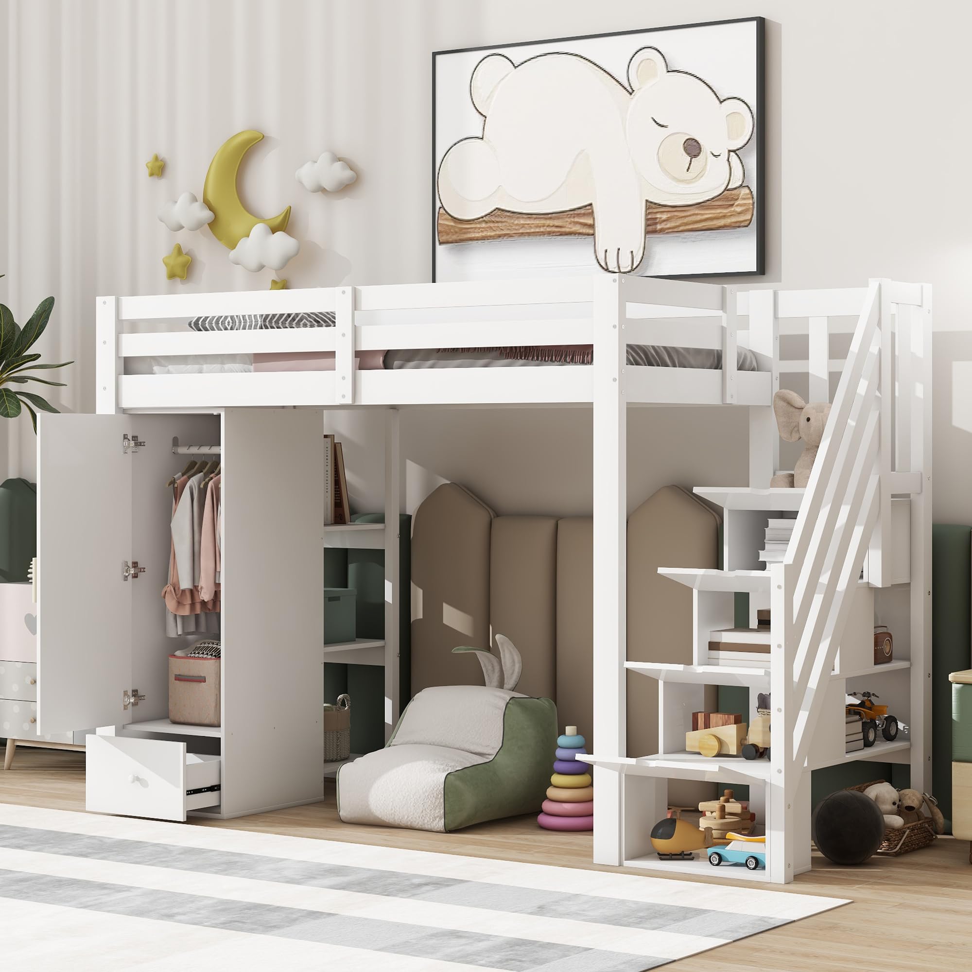 Cama alta para niños, 90 x 200 cm, sin colchón, barandilla individual, escalera plegable, cajones, armario, varios estantes, espacio libre combinable según sea necesario