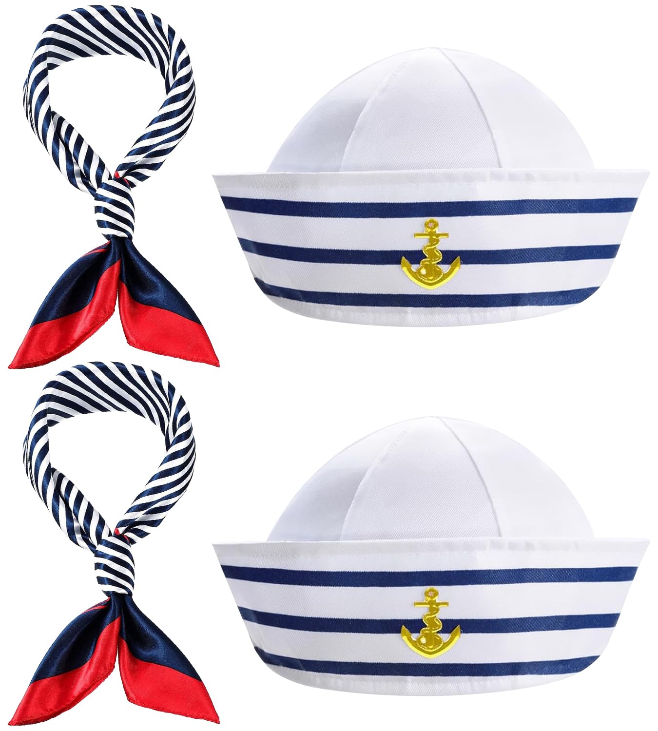 VorPrillynt Stripes Sailor Hat and Scarf Set, 2 Set Captain Sailor Costume, Dressing Up for Cosplay Nautical Themes Party Stage Performance, for Women Men Costume Accessory