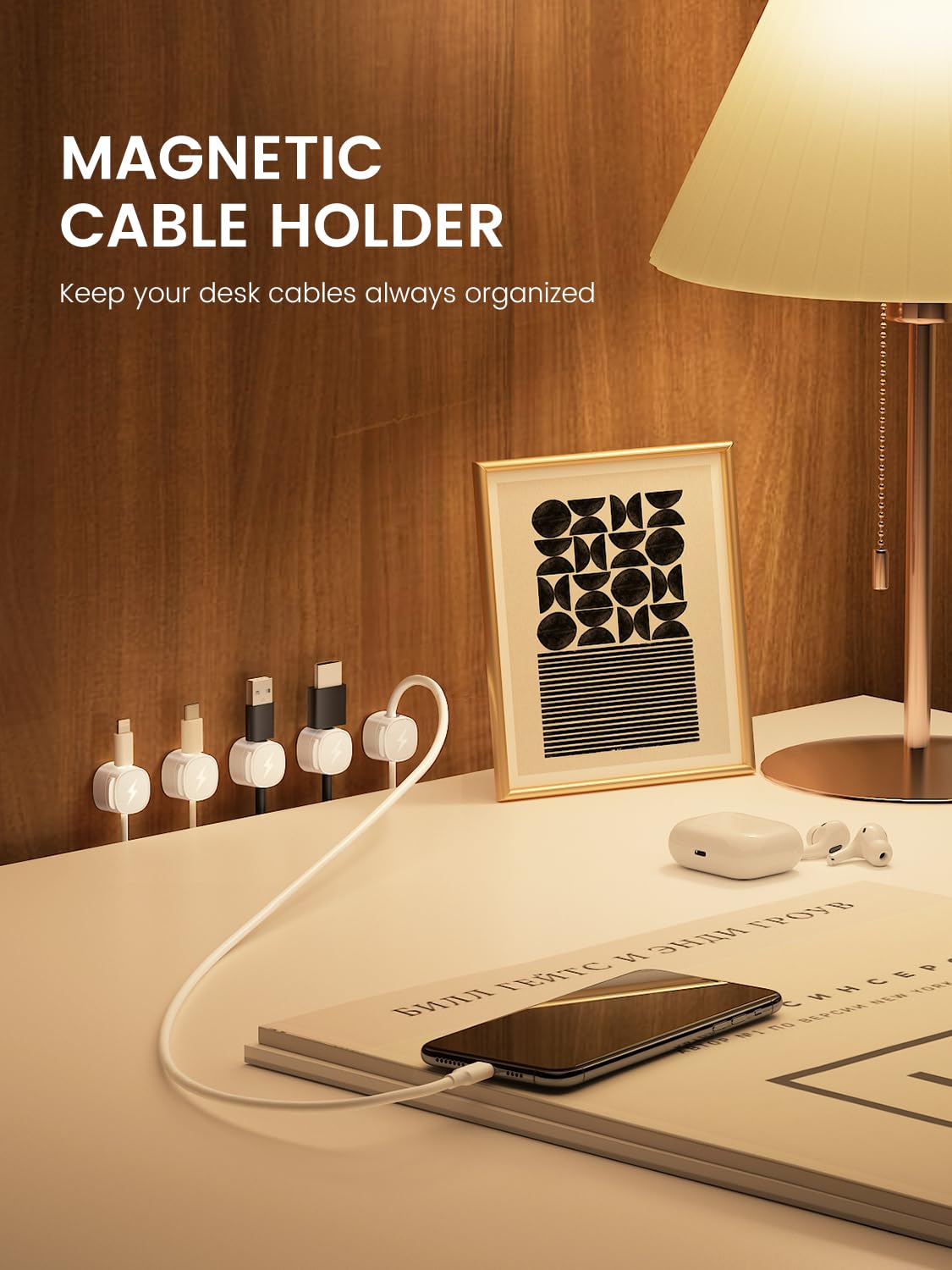 Paquete de 6 organizadores magnéticos para cables, soporte magnético para cables, color blanco