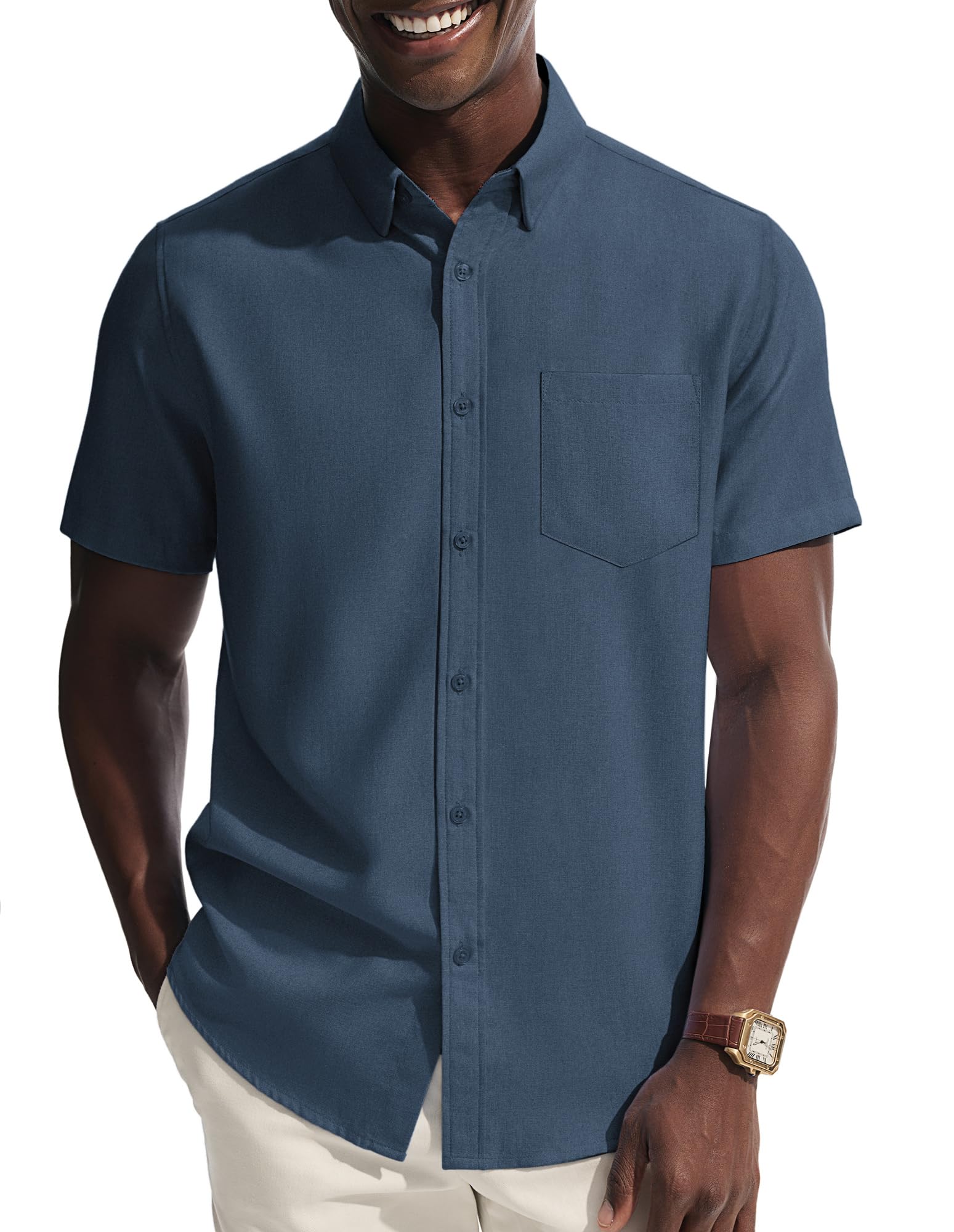 PJ PAUL JONES Mens Dress Shirt Casual Untucked Shirts Short Sleeve Button Down Shirt with Pocket