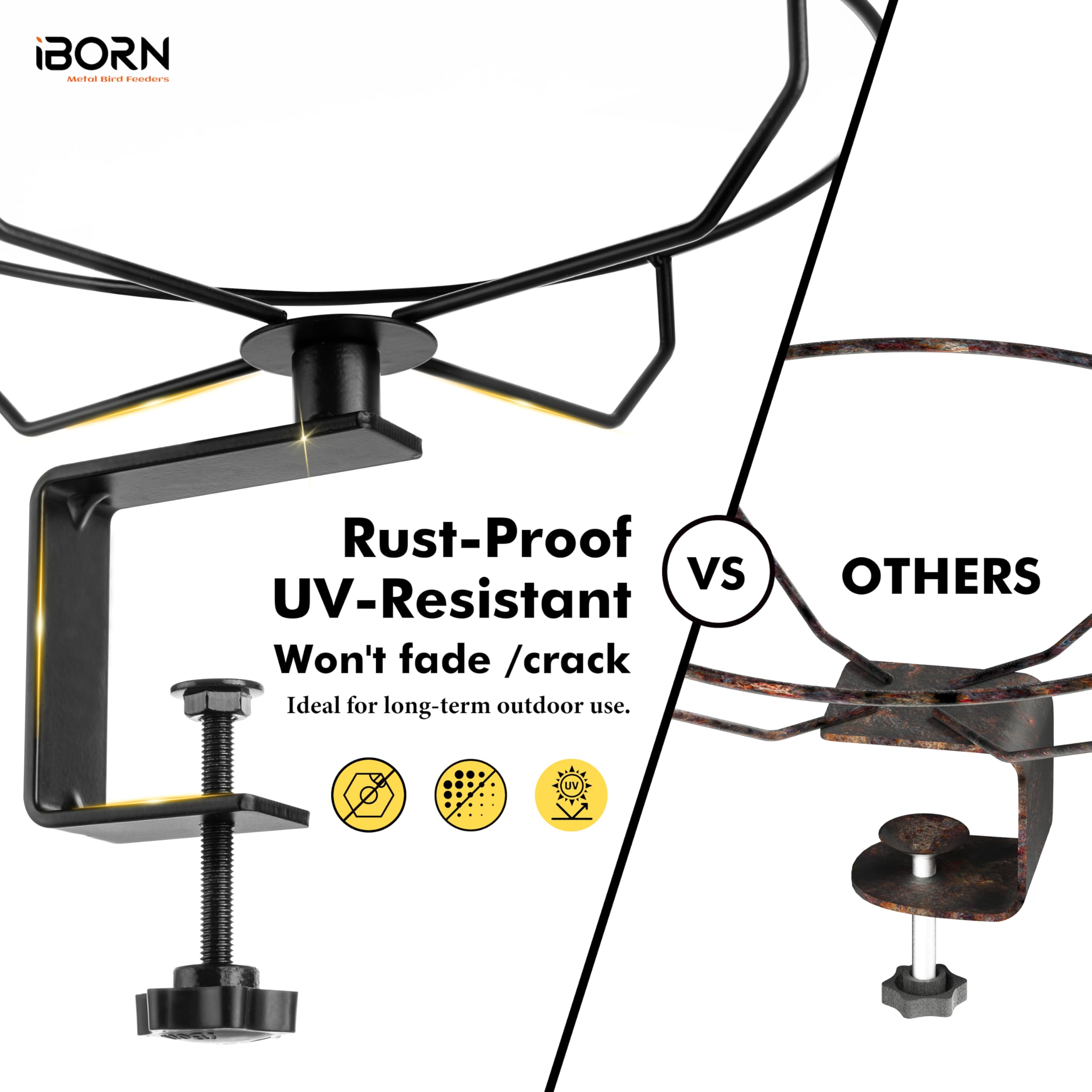 iBorn Metall-Vogelbad, 28 cm für Geländermontage, 8 cm Klemme, vollmetallische rostfreie Schale, eichhörnchensicher, komplett abnehmbar, leicht zu reinigen & befüllen, Bronze, 1 Pack