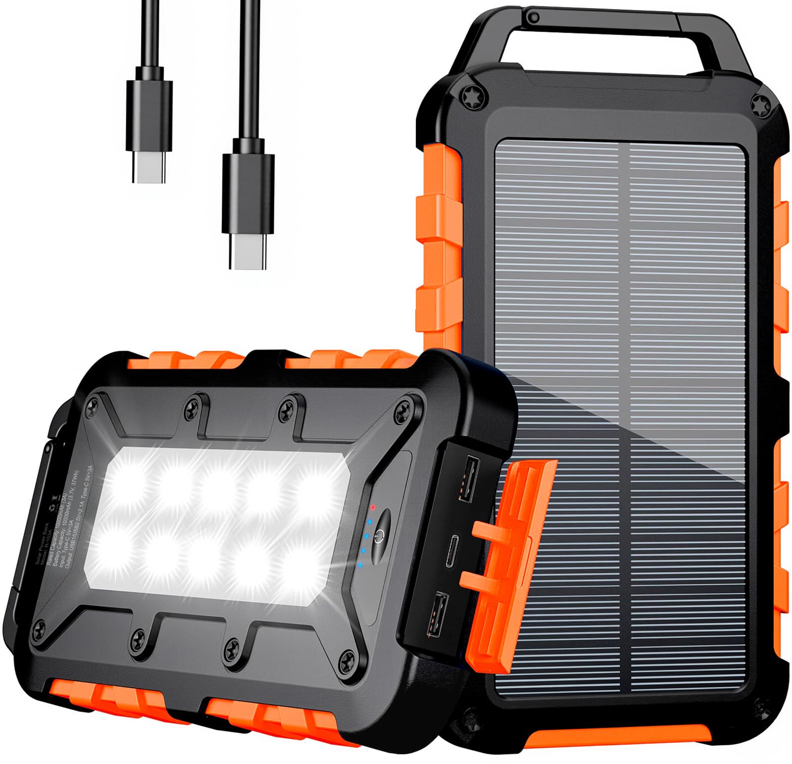 Power Bank Solare 10000mAh, PD15W Caricatore Solare Portatile USB C 3,0A Batteria Esterna 2 Uscite e 2 Ingresso con Luci LED Rapida per Smartphone, Tablet, Campeggio Ecc