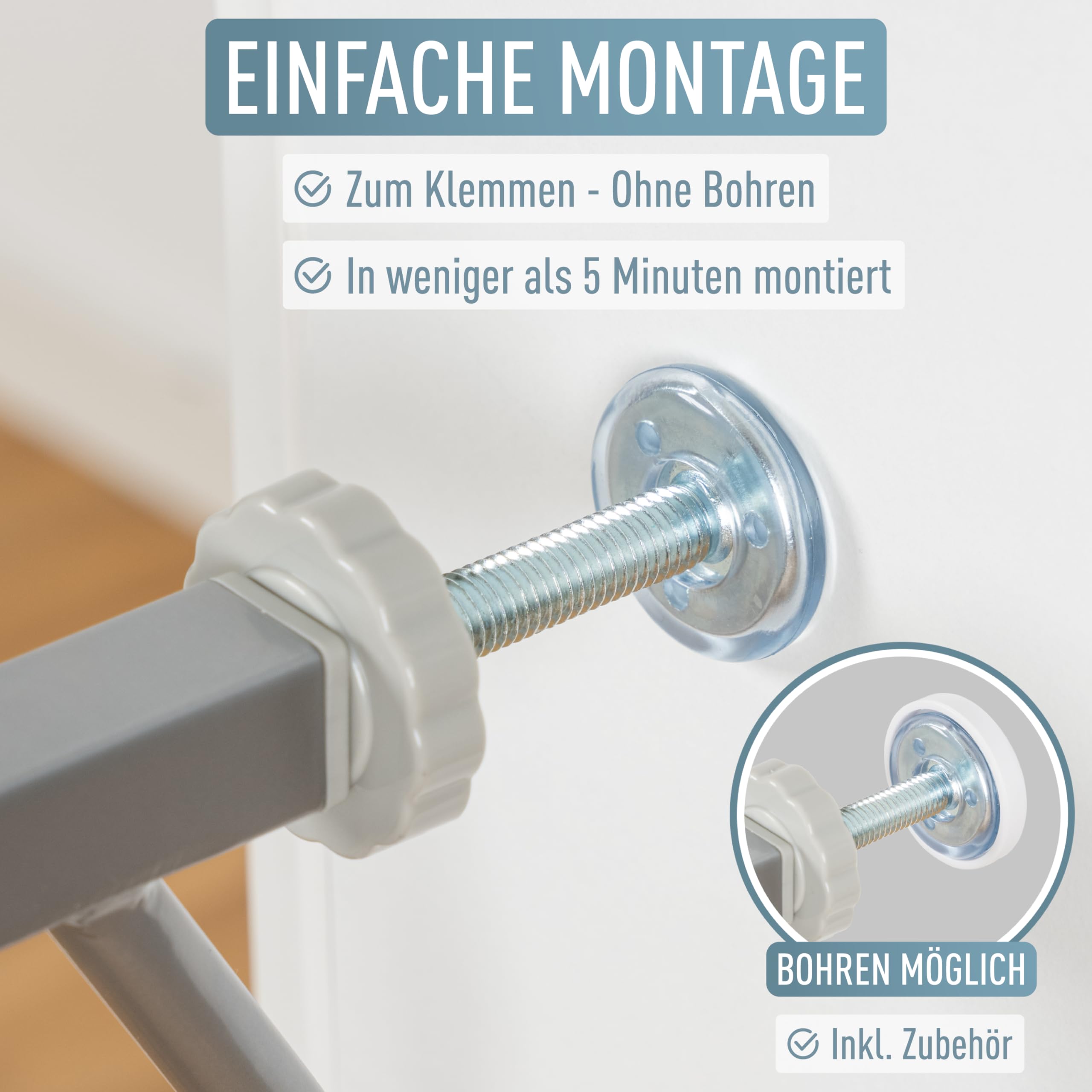 ib style Türschutzgitter Berrin 75-175 cm, Treppenschutzgitter für Babys,Ohne Bohren, Tür Schutzgitter, Haustiergitter, Grau, 75-85 cm