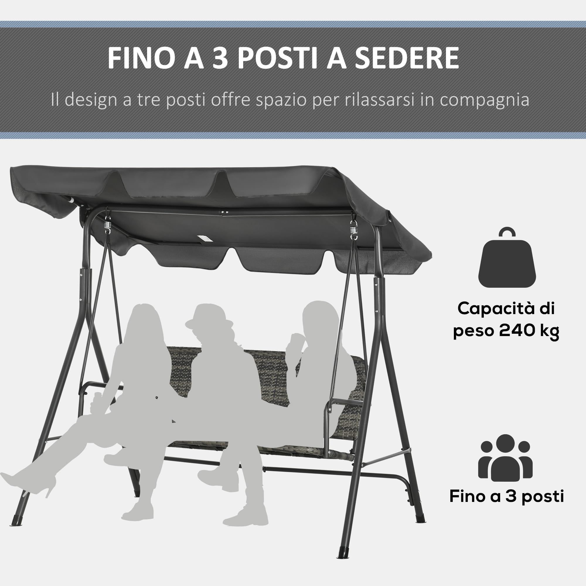 Outsunny Balancelle de Jardin 3 Places avec Toit Pare-Soleil réglable, balançoire d'extérieur avec Assise Respirante en rotin PE et Acier, Charge jusqu'à 240 kg, 167 x 112 x 153 cm, Gris foncé