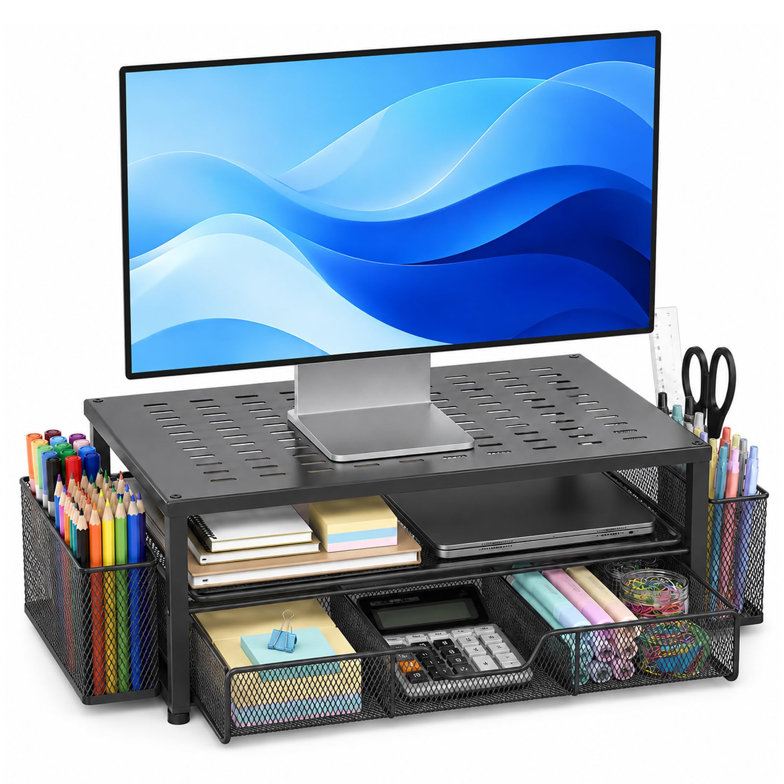 Supporto per monitor con cassetto | Supporto per monitor, per computer, laptop, PC, stampante, portata massima 20 kg, nero