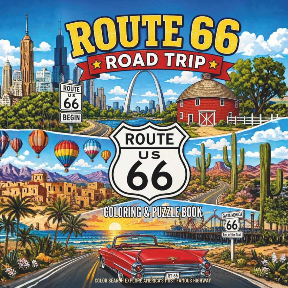ROUTE 66 ROAD TRIP COLORING & PUZZLE BOOK: A Route 66 Adventure from Chicago to Santa Monica | Explore Route 66 Landmarks, Diners, Roadside ... Searches, Featuring Historic Route 66 Attract