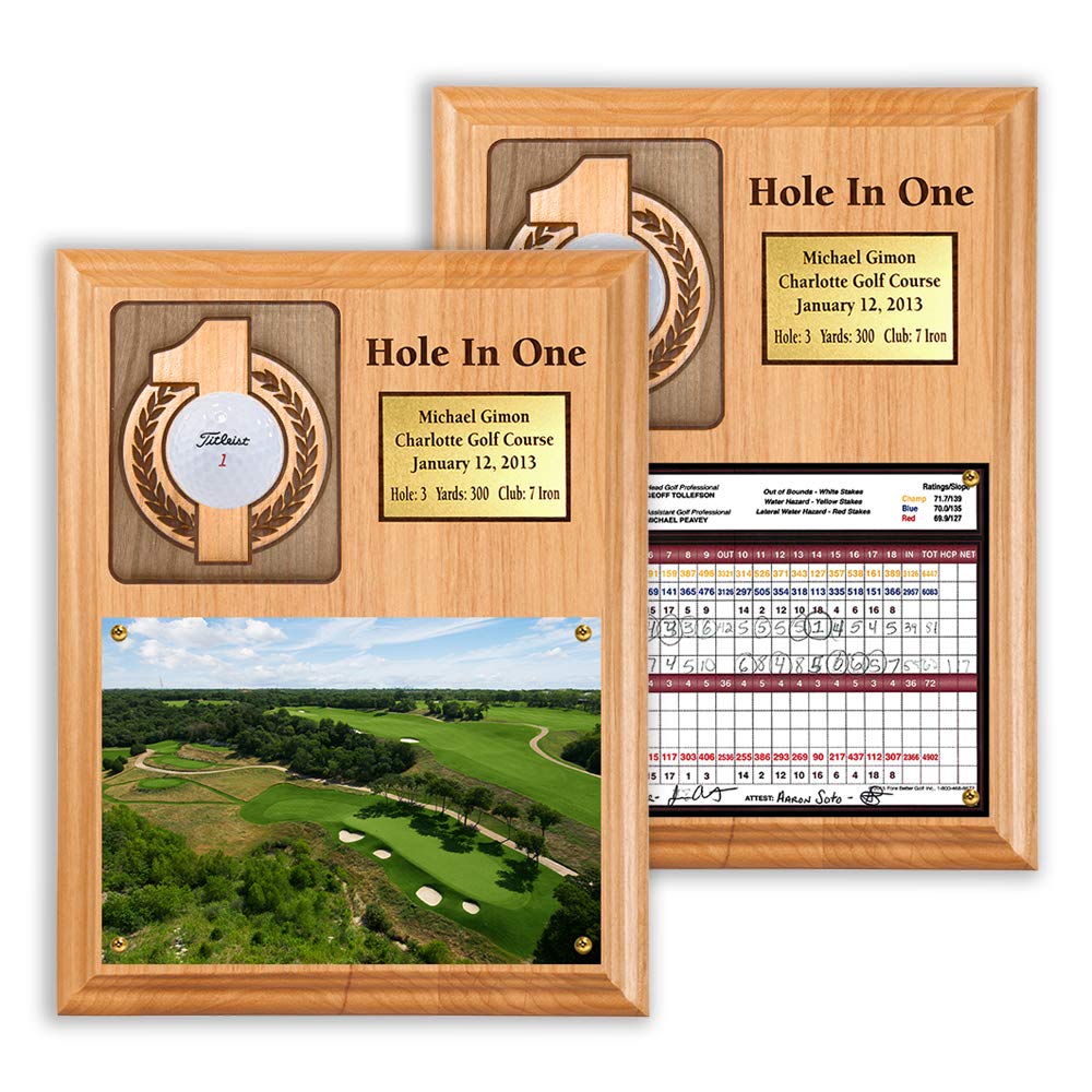 Hole in One Wall Mounted Plaque | Display Your Ball and Scorecard or Photo w/Acrylic Cover | Personalized Engraved Plate | Natural Wood Finish | Horizontal or Vertical Layout