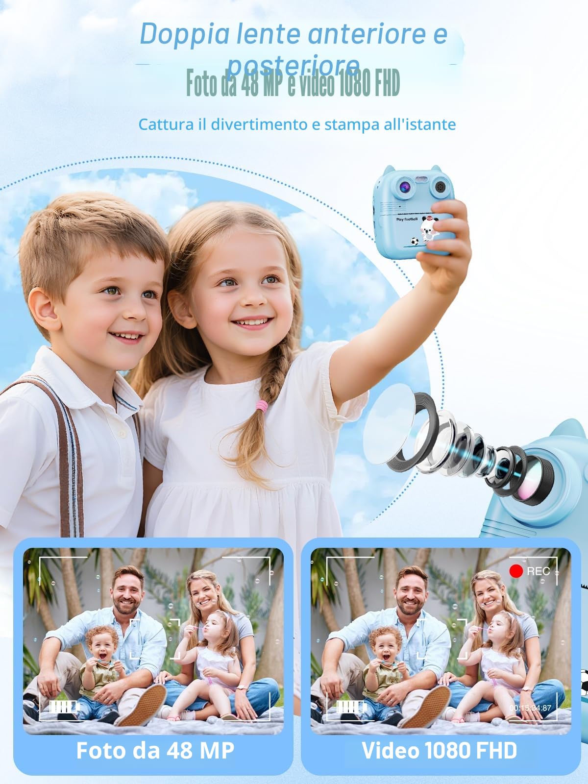 Macchina Fotografica Bambini Istantanea, 48MP e 1080FHD Dual-Camera Obiettivo Fotocamera Digitale con 4 Rulli di Carta da Stampa 2,4 Pollici IPS Schermo di Protezione Oculare 32GB Scheda (Blu)