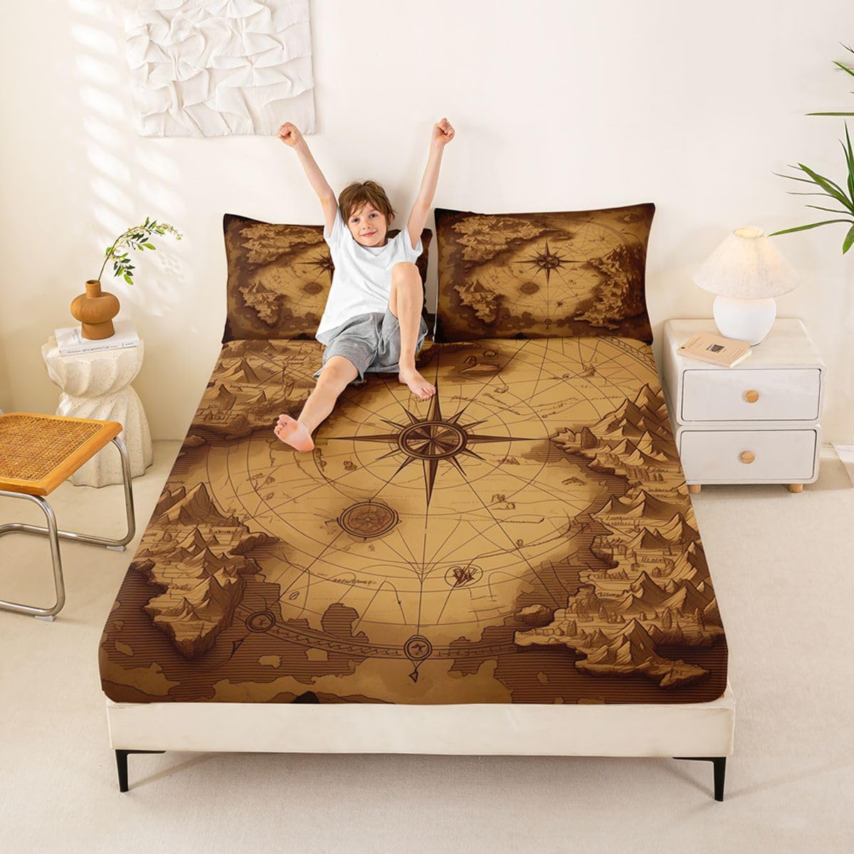 Manfei Juego de sábanas bajeras con diseño de brújula, tamaño King, mapa náutico, 3 piezas, sábanas de aventura oceánica con 2 fundas de almohada, decoración de habitación infantil y niña, ropa de
