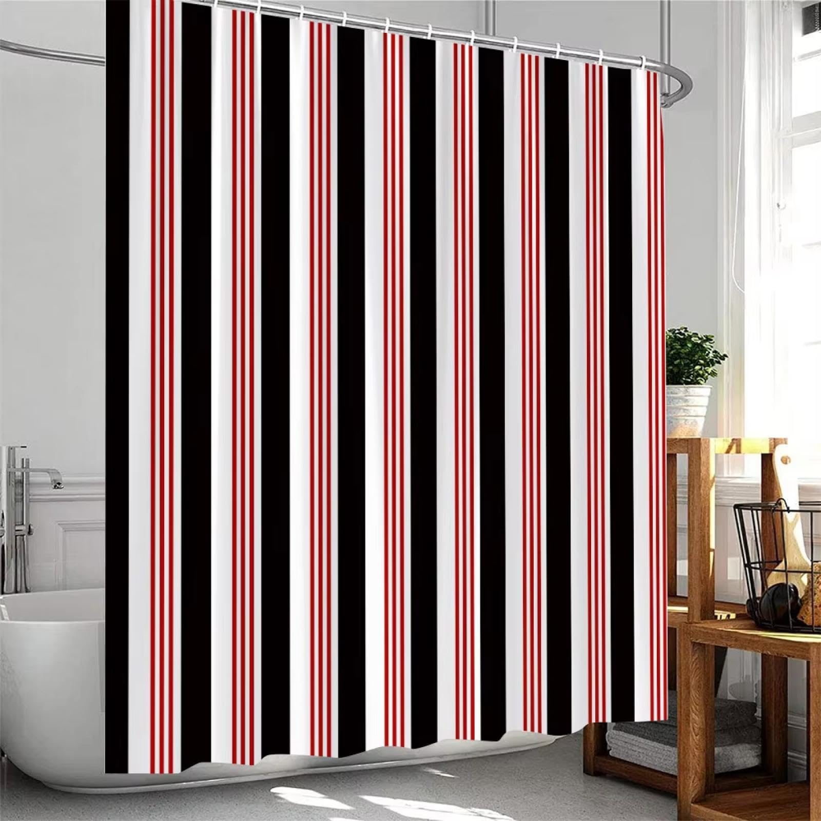 Rideau de douche à rayures noires et rouges en tissu polyester 178x175cm avec crochets