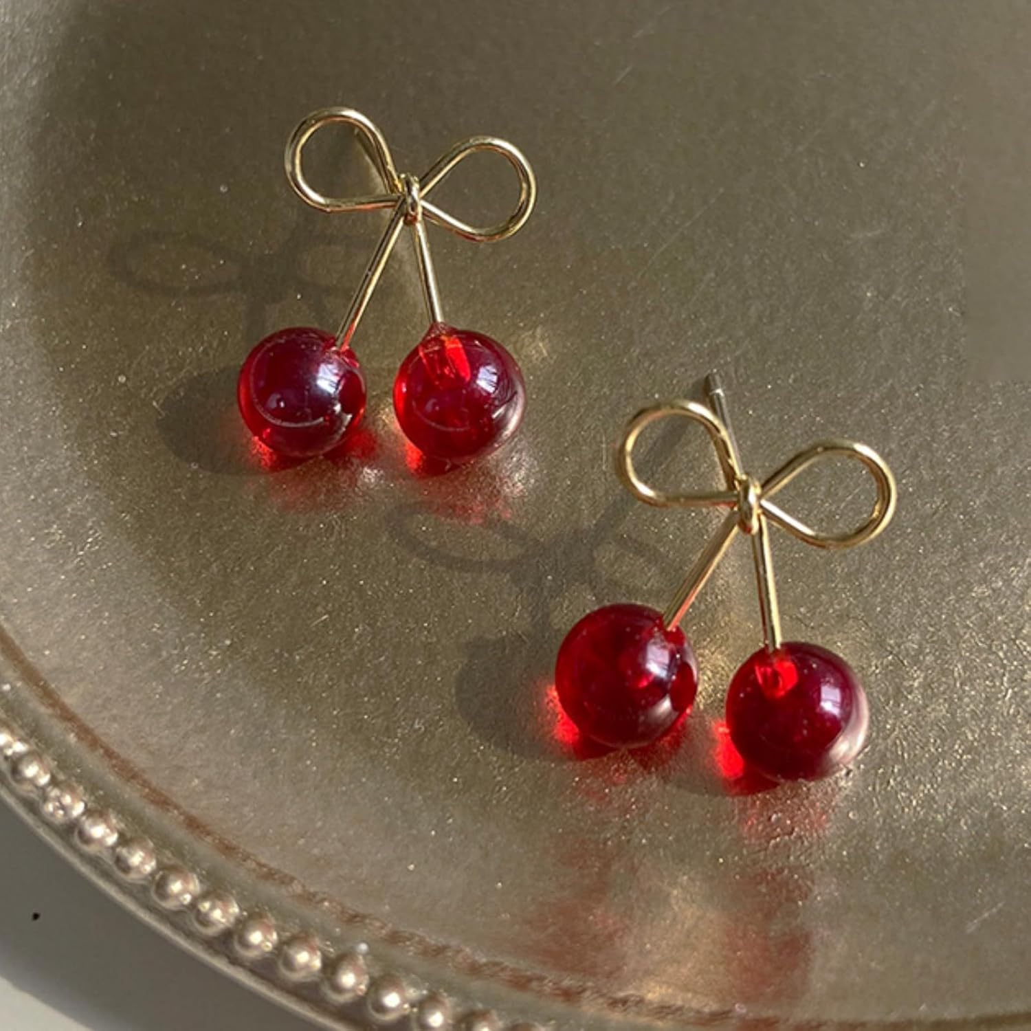 Trendy Red Cherry Bow Dangle Earrings for Women Sparkling Rhinestone Fruit Drop Studs Fashion Resin Jewelry Gift - Image 6