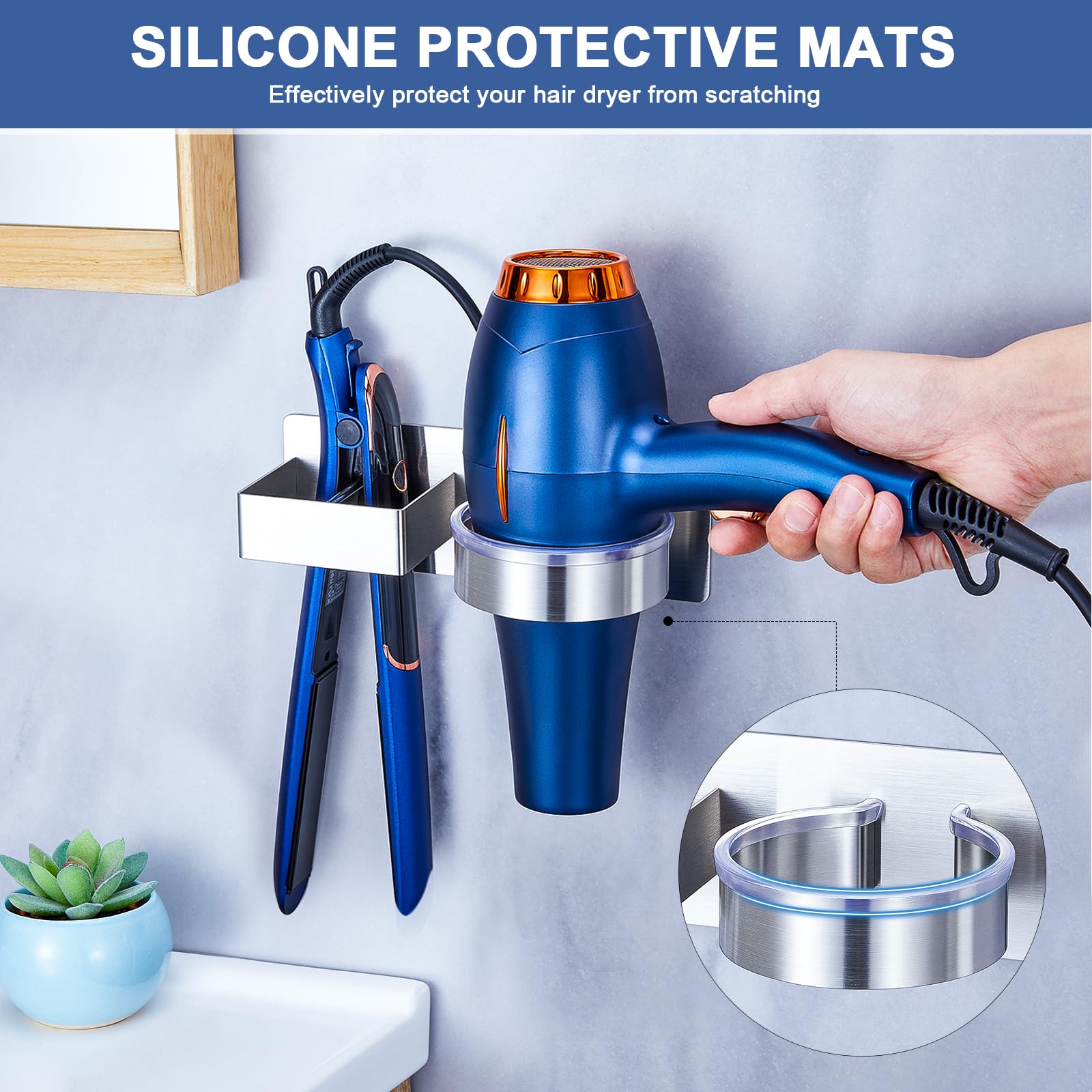 Soporte para secador de pelo montado en la pared, organizador de herramientas de pelo para baño, soporte adhesivo para secador de pelo, soporte para secador de pelo de acero inoxidable