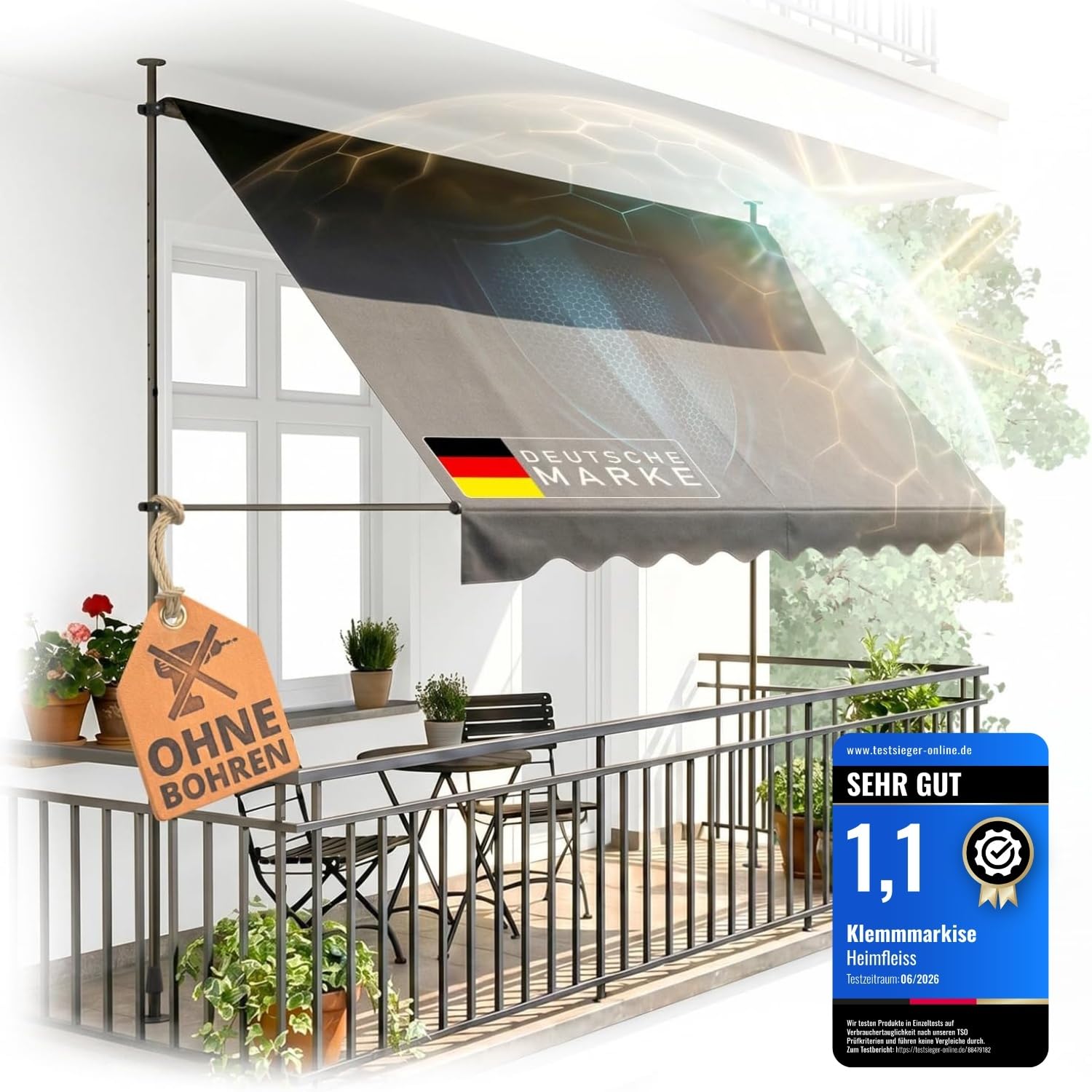 Heimfleiss® Klemmmarkise 300 cm breit mit Handkurbel | Markise Balkon ohne Bohren | Balkon Sonnenschutz, UV-beständig (UV 50+), höhenverstellbar & wasserabweisend