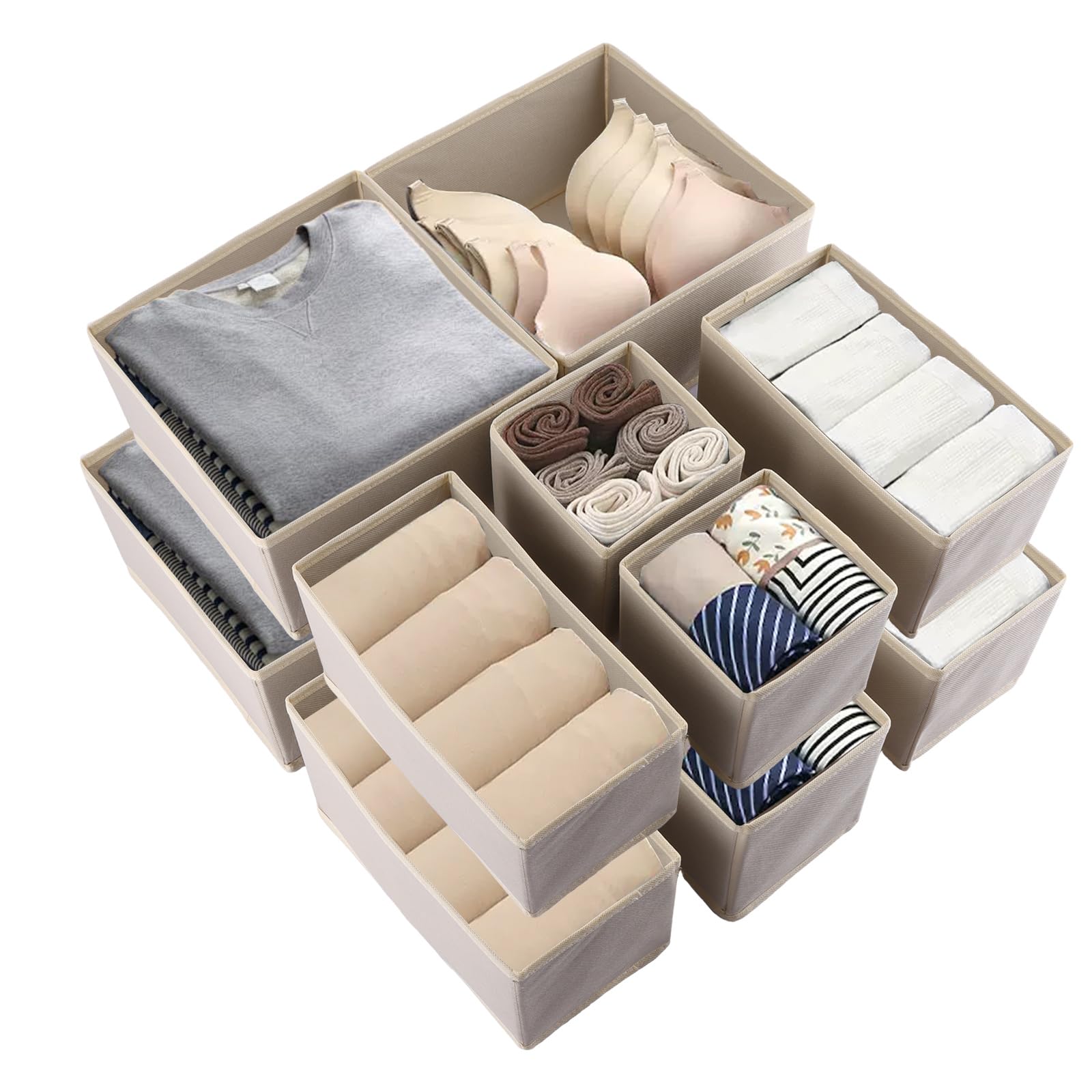 ZOFUN 12 Pcs Drawer Organiser Set, 4 x S/M/L Drawer Organiser for Clothes, Non-woven Fabric Wardrobe Storage Organisers, Beige Clothes Drawer Organisers for Wardrobe, Clothing, Bedroom, Dresser