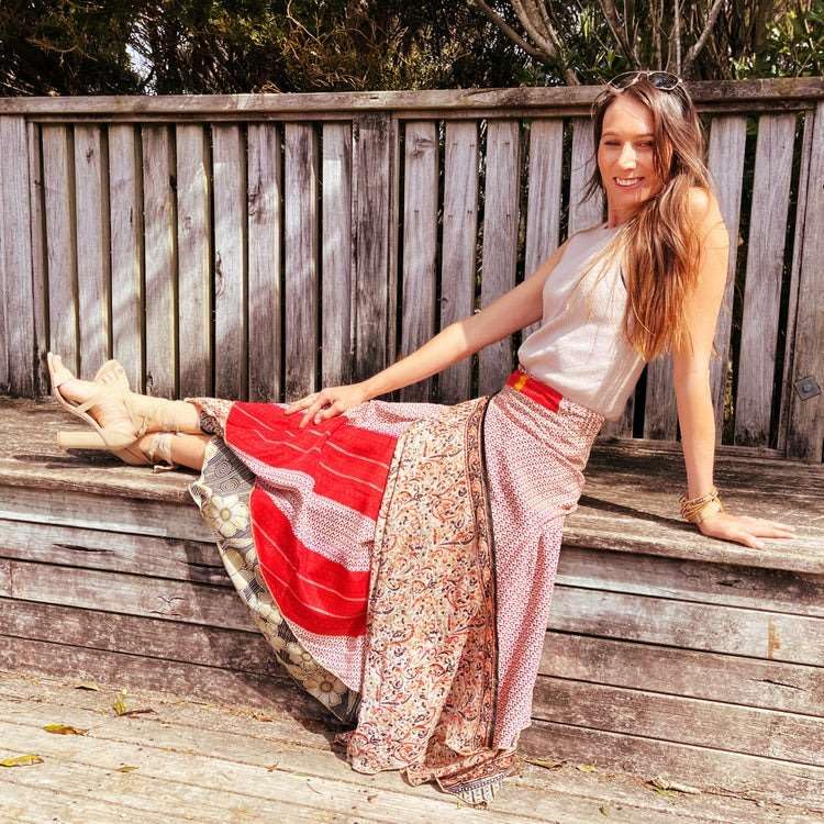 YILLE Boho Silk Sari Vintage Wraparound Long Skirt for Women Tie Waist Gypsy Double Layer Skirt with Multicolor Asymmetrical Free Size, Ethnic Fashion for Any Occasion and Casual Outings (Pack of 1)2