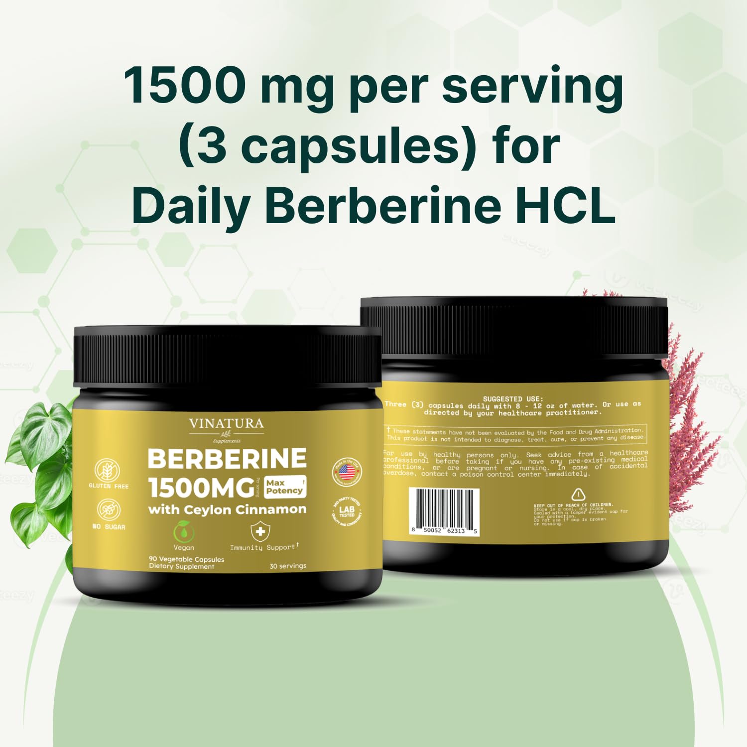 VINATURA Berberine 1500mg - Berberine Supplement with Ceylon Cinnamon, Max Potency Berberine HCL - 90 Capsules — Amazon image 8