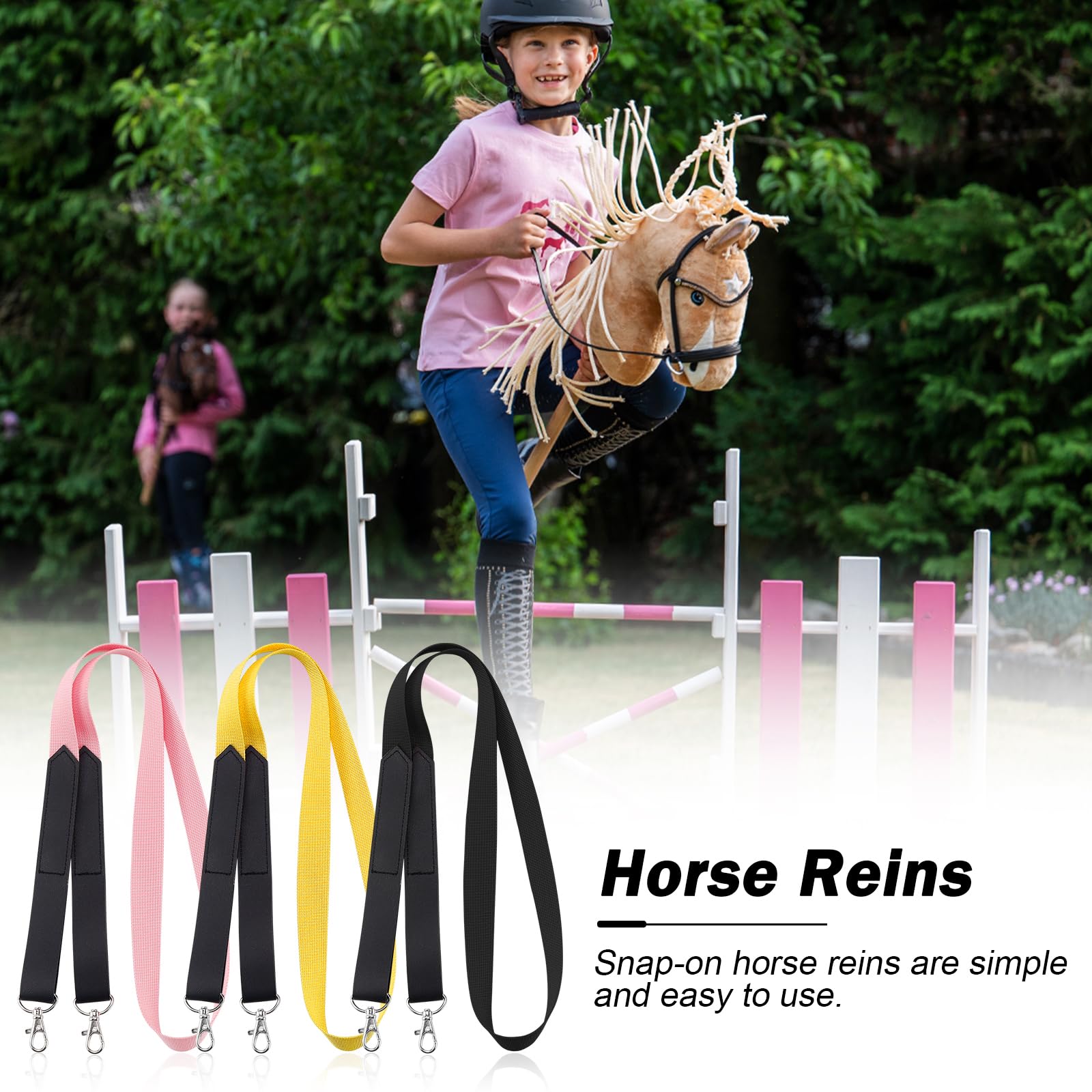 BINYI Hobby Horse uzda dla koni, akcesoria, trense, koń, dzianina, 3 pary cugli, kucyk, zestaw 120 cm, uzda do konia kijowego, drewnianego, z karabińczykiem (3 kolory)