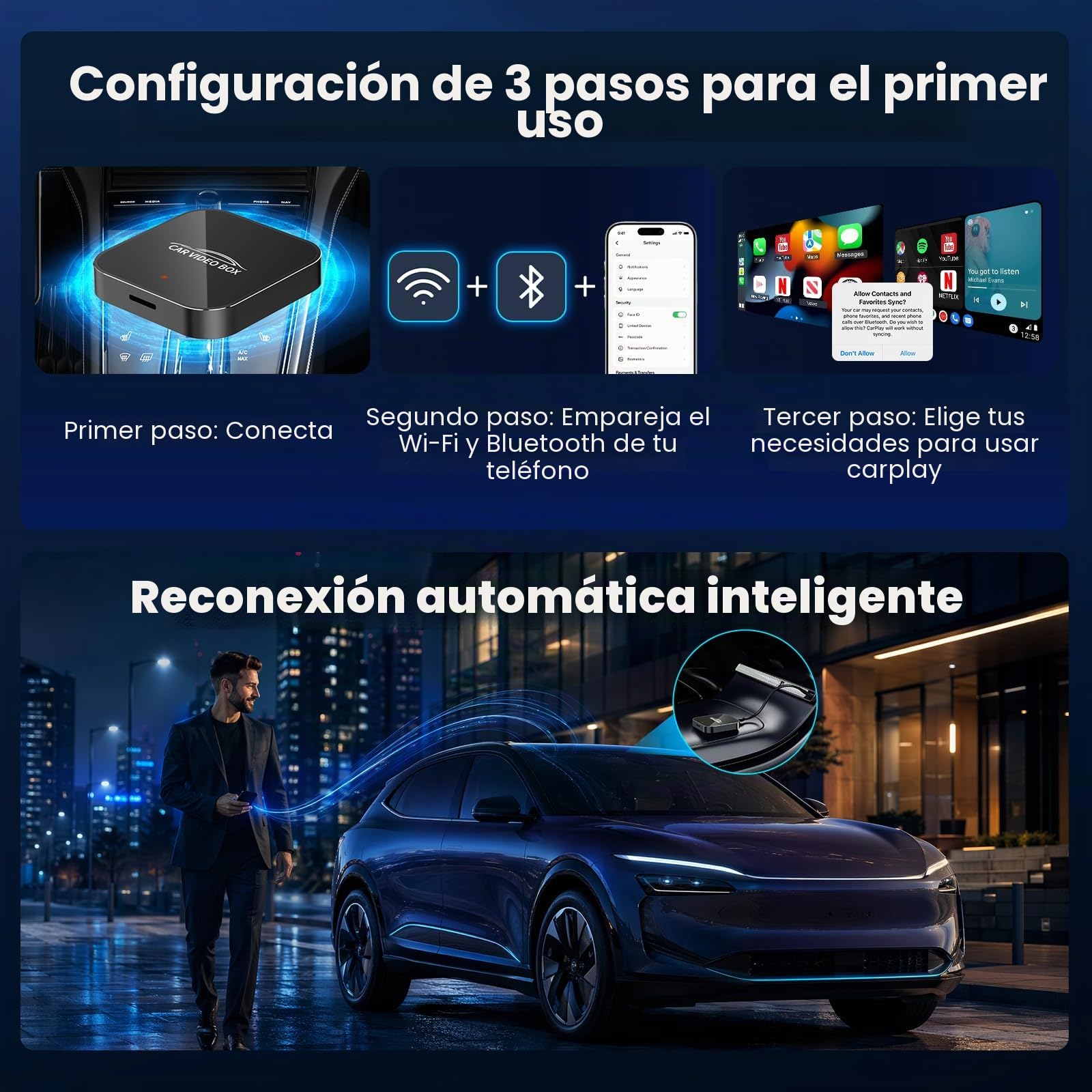 3 en 1 Magic Video Box – Wireless CarPlay & Android Auto Adapter con Netflix, Youtube, TikTok, Soporte para Tarjeta TF, actualización inalámbrica, CarPlay AI Box para vehículos Desde 2016
