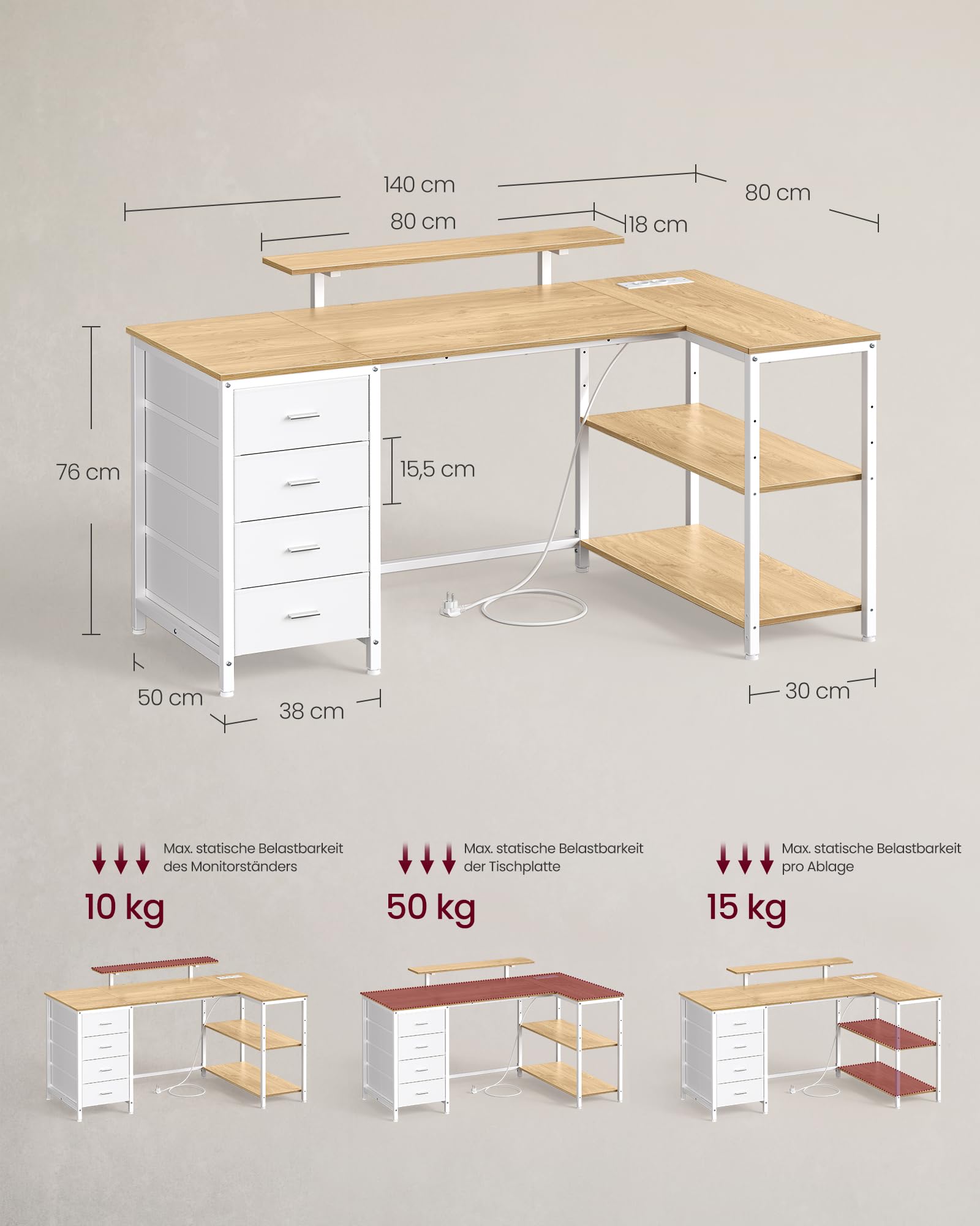 VASAGLE L-förmiger Eckschreibtisch mit Steckdosen, Computertisch, Gaming-Tisch, beidseitig montierbar, verstellbare Ablagen, 4 Schubladen, 2 USB-Anschlüsse, 140 x 80 cm, natureichenfarben LWD172YD01