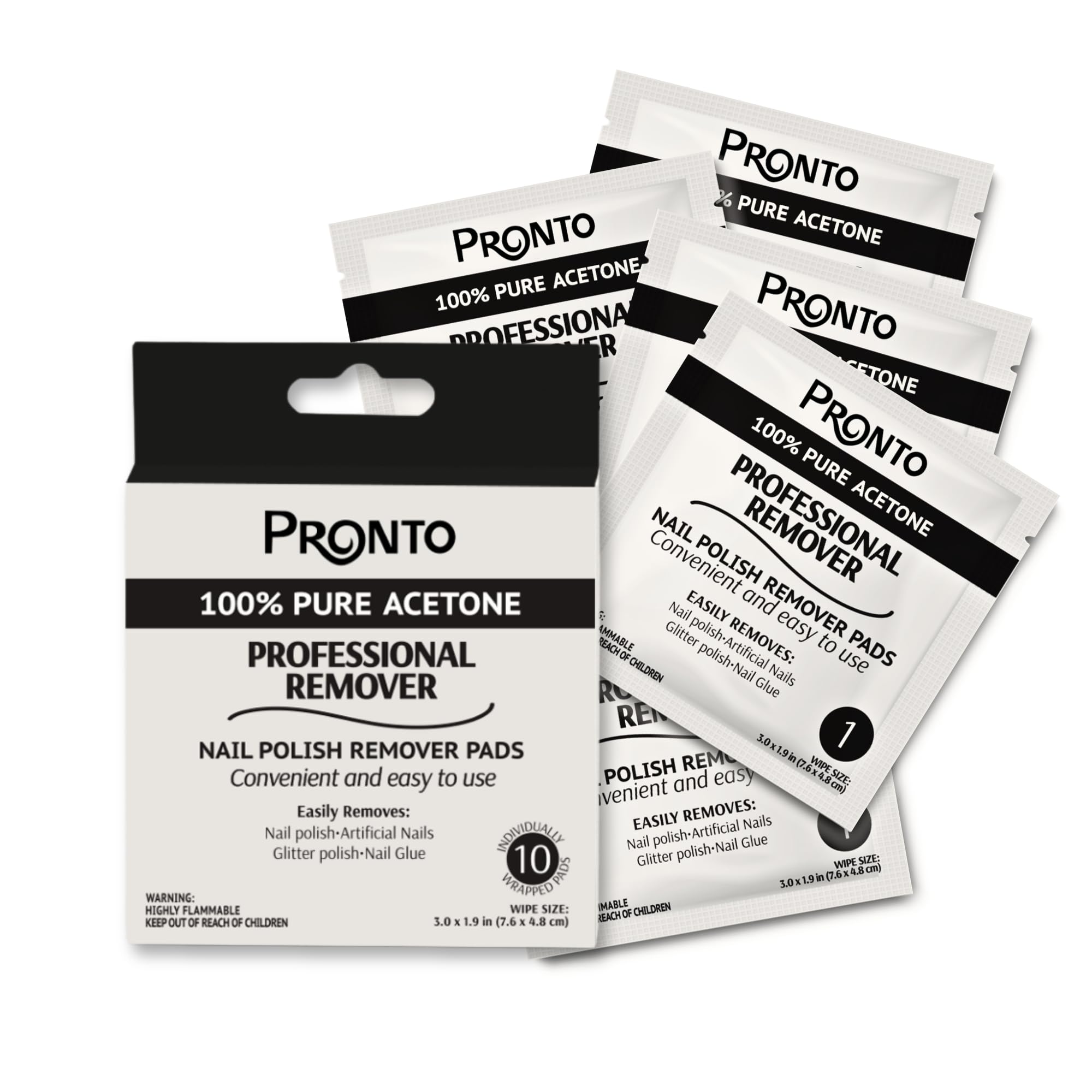 Pronto Nail Polish Remover Pads, 10 Pcs. Individually Wrapped Acetone Wipes, Pure Acetone Wipes Remover For Salon & Home - Quick Polish Nail Soak Pads