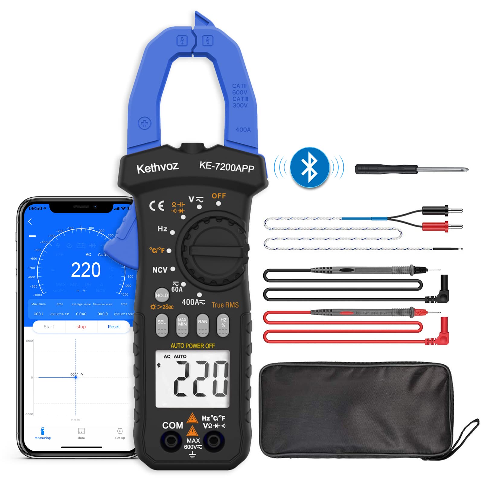 Digitale Pinza Amperometrica 400A CC/CA, Kethvoz Bluetooth Multimetro Professionale Misura AC/DC Elettrica Corrente Tensione Resistenza Capacità, 6000 Conteggi Amperometro KE-7200APP