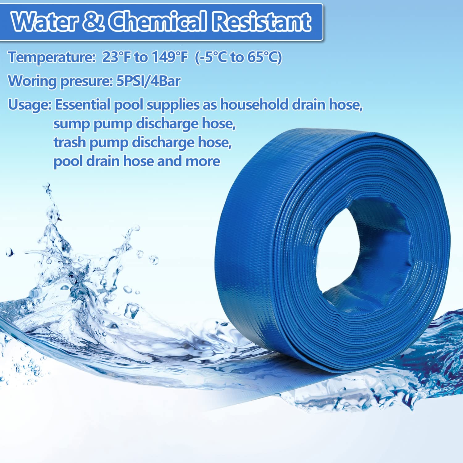Tubo flessibile di risucchio per piscina in PVC resistente, 5 cm x 50 m, tubo di scarico rinforzato con morsetto per piscine, blu