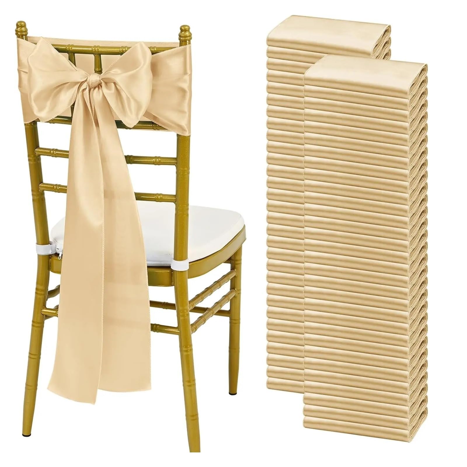 YGSGJSP Chair Sashes 10/50PCS Satin Chair Sashes Bows Universal Ribbon Ties Back Sash for Wedding Party Events Banquets Cover Decoration for Wedding(Champagne,50pcs)