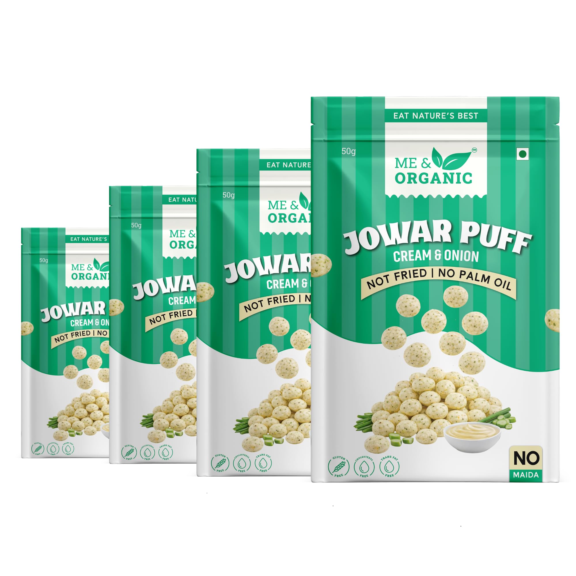 ME&ORGANIC Jowar Puffs Creamy Onion Flavor | 50g | Healthy Roasted Sorghum Snack | Gluten-Free, High Fiber, Light & Crunchy Evening Snack | No Maida, No Preservatives (Pack of 4)-picture-11