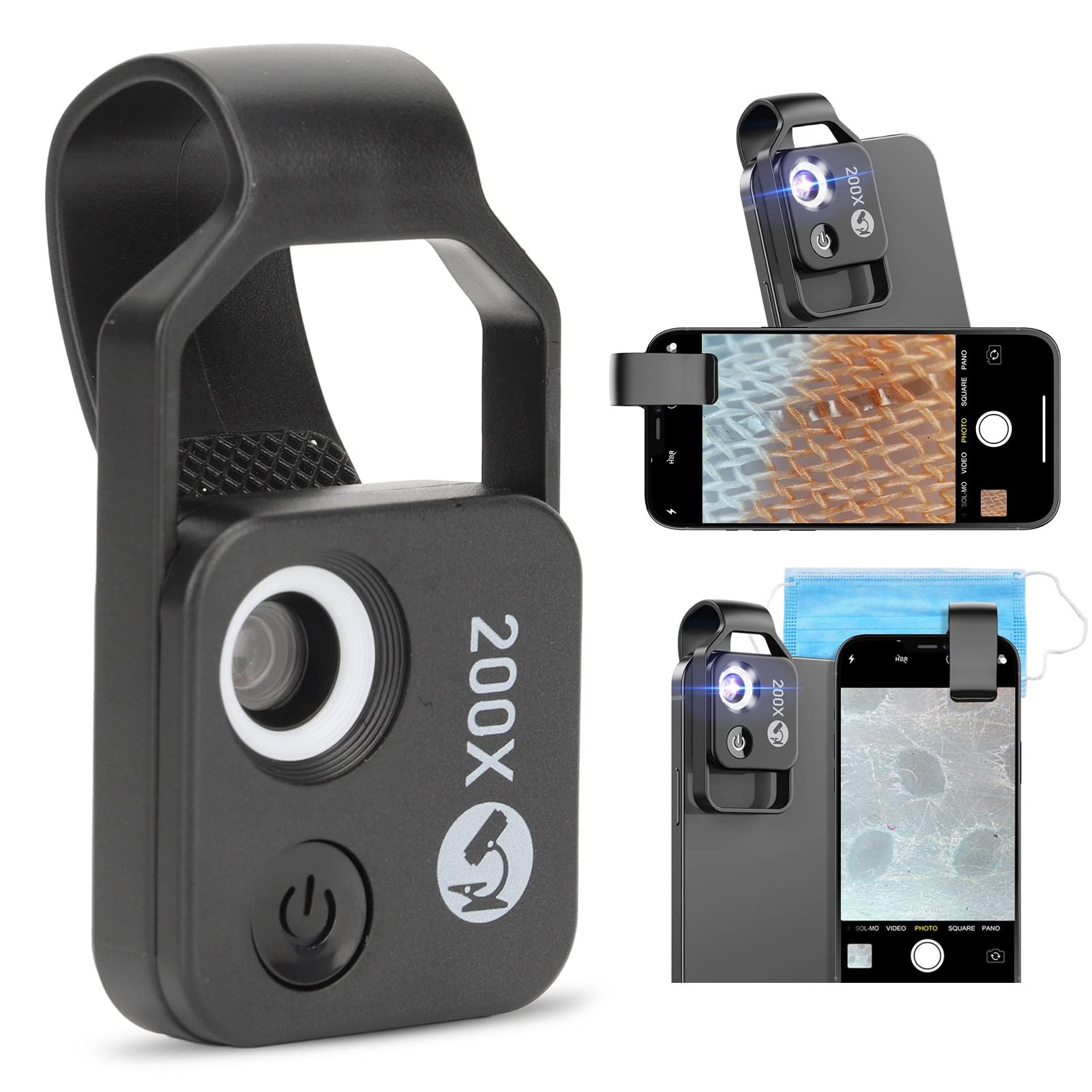 Mini Microscopio de Bolsillo para Teléfono 200X, Microscopio Portátil con Luz LED, Microscopio para Teléfono con Clip con CPL Universal, Microworld para Niños y Adultos (Negro)