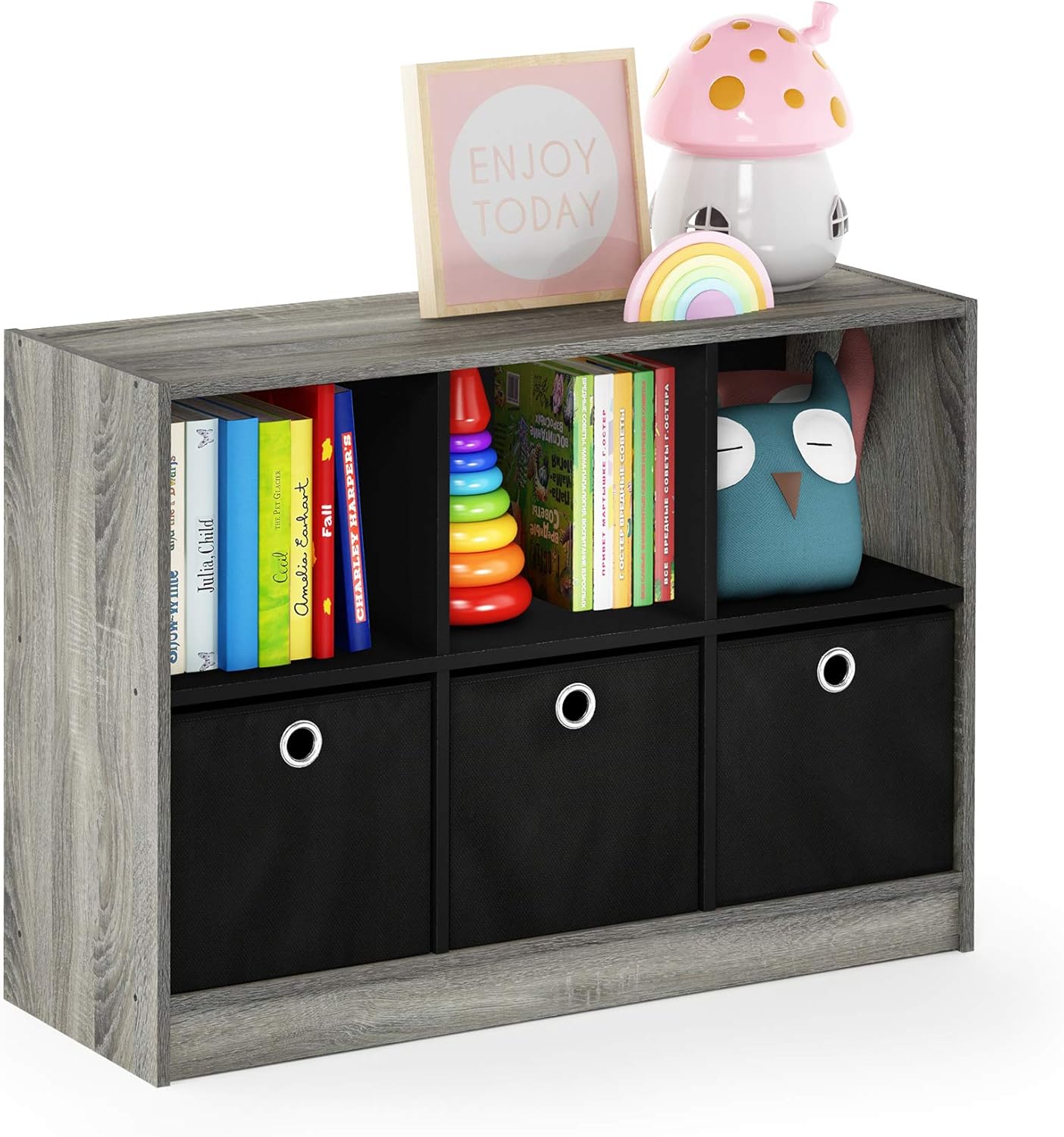 Gray Oak and Black 34" Modern Bookcase with Fabric Drawers