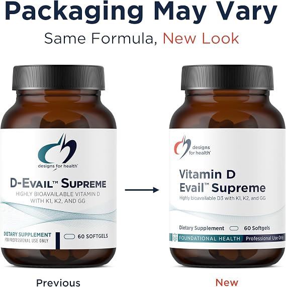 Designs for Health D-Evail Supreme - 5,000 IU Vitamin D3 Supplement with VIT K (K1, K2 as MK-4) + GG - Bone, Cardiovascular + Immune Support - Improved Bioavailability (60 Softgels)