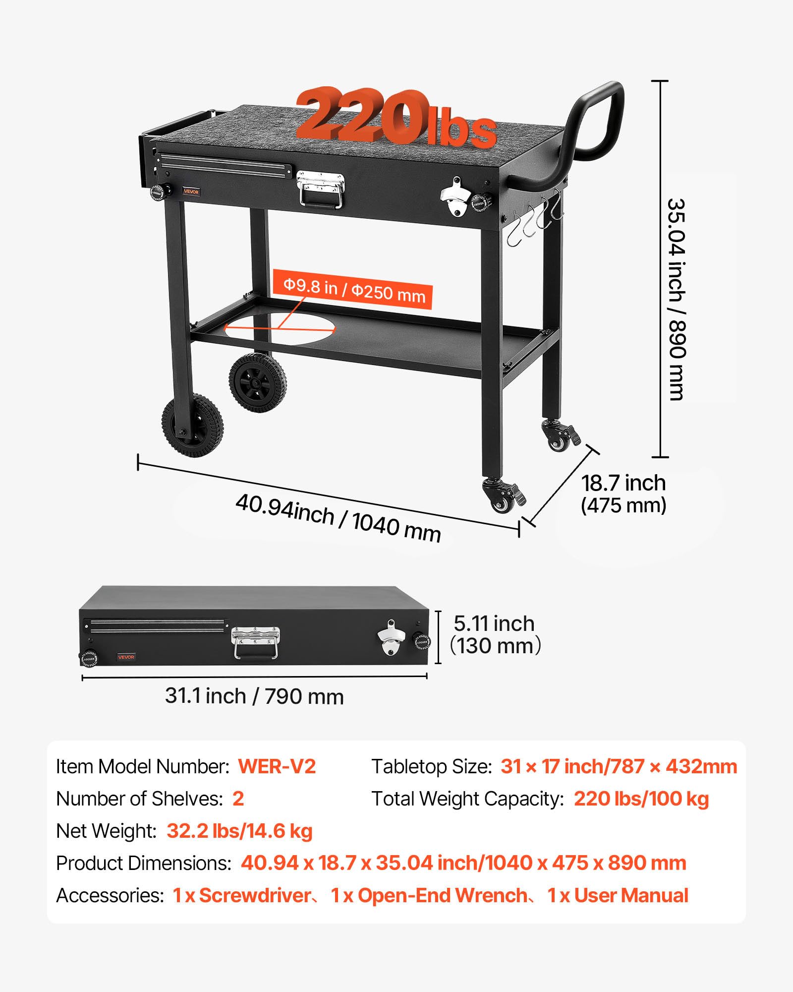 VEVOR Desserte de Jardin pour Plancha Pliable, Chariot de Barbecue Plan de Travail 78,7x43,2 cm, pour Préparation de Cuisine BBQ Terrasse Extérieur, avec Porte-essuie-Tout et Support pour Ustensiles