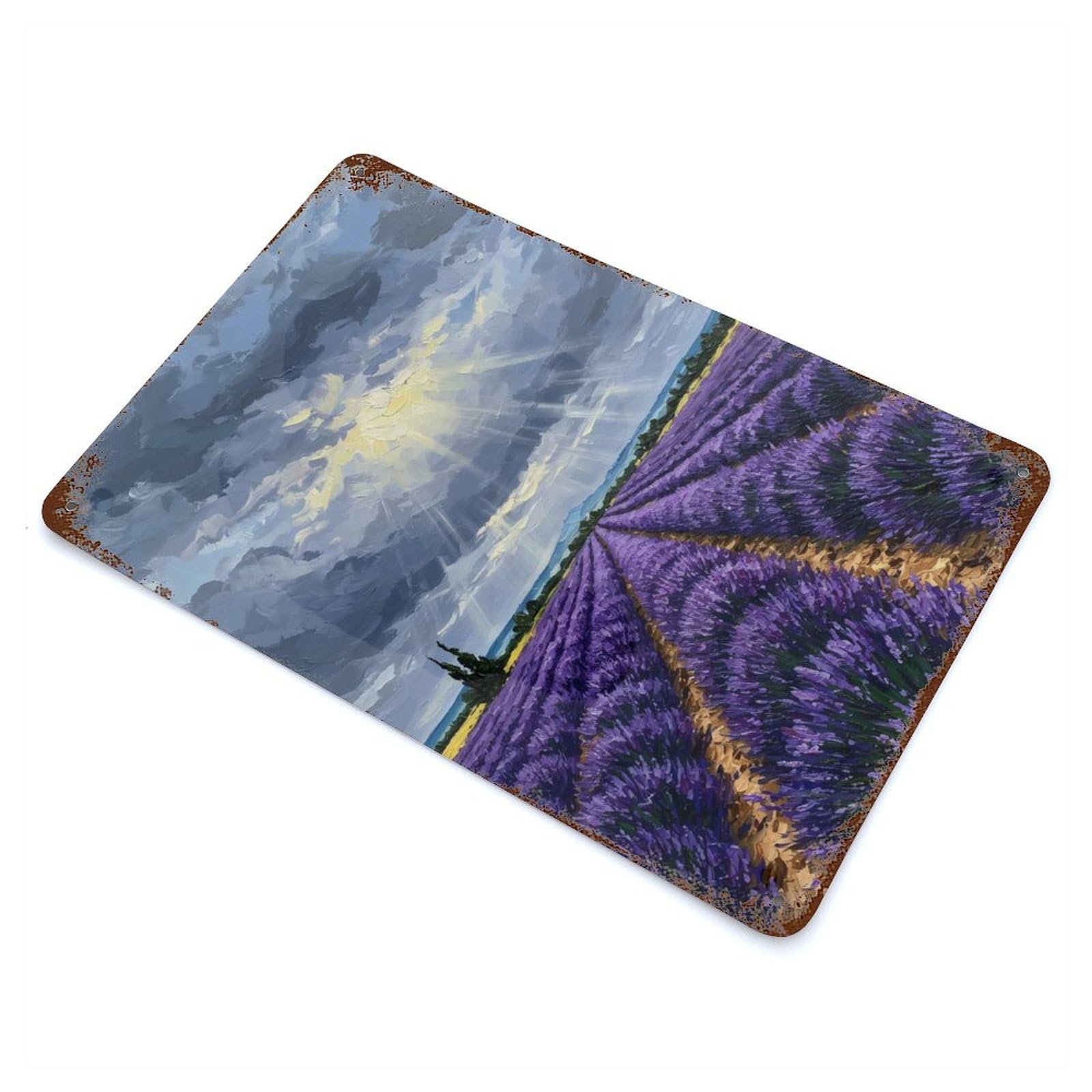 Lavender Field Under Dramatic Sky Painting Rust Effect Tin Sign 11.8"x7.9", Ideal for Garage, Bar And Workshop Decor