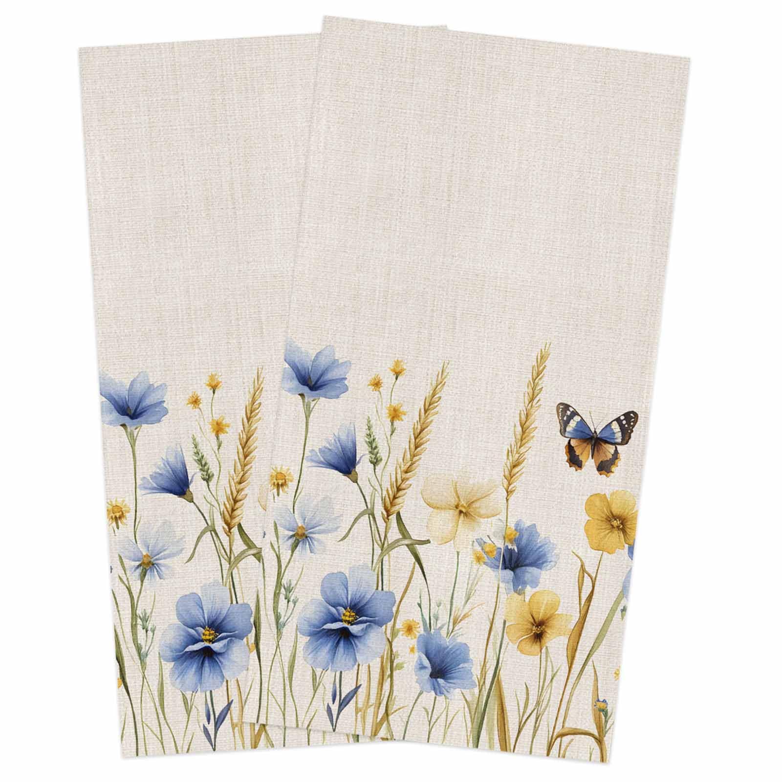 Blue Floral Kitchen Towels, Absorbent Microfiber Kitchen Dish Hand Tea Bath Towel, Yellow Flower Butterflies Country Plant Quick Dry Cleaning Cloth