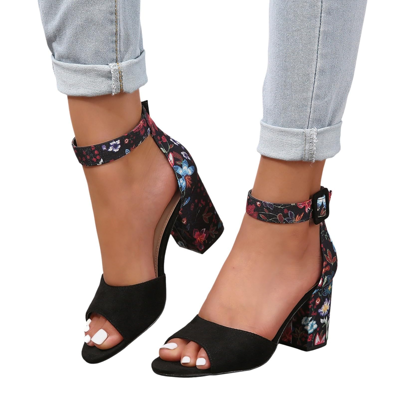 NIGXWNS Women's High Heel Sandals Summer Peep Toe Ankle Strap Heeled Sandals Fashion Floral Print Wedding Dressy Sandals