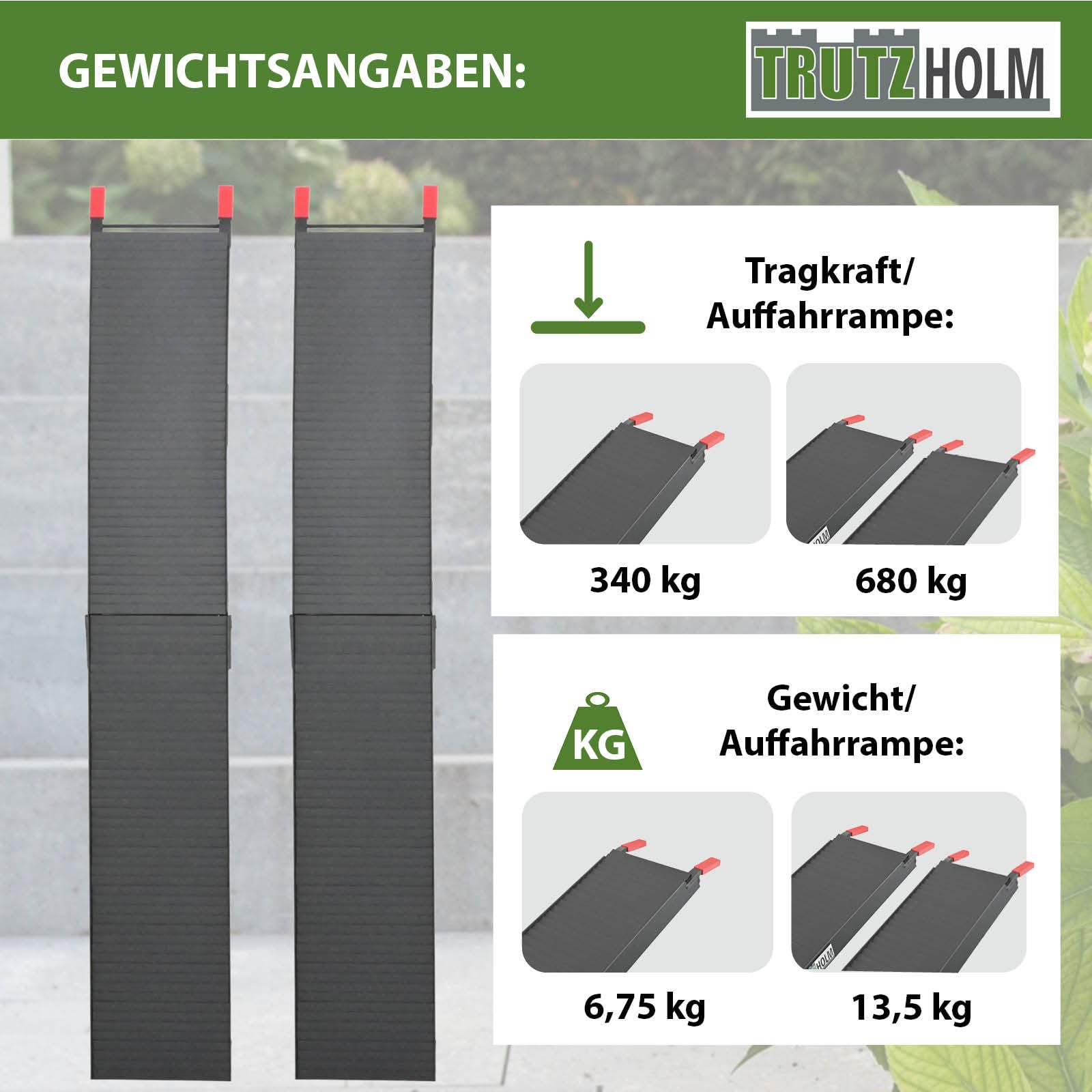 TRUTZHOLM 2X Auffahrrampe klappbar Aluminium Gesamtlänge 205 cm Traglast 680 kg geriffelte Oberfläche gummierte Auflage Rampe Motorradrampe Verladerampe inkl. 2X Spanngurt in schwarz