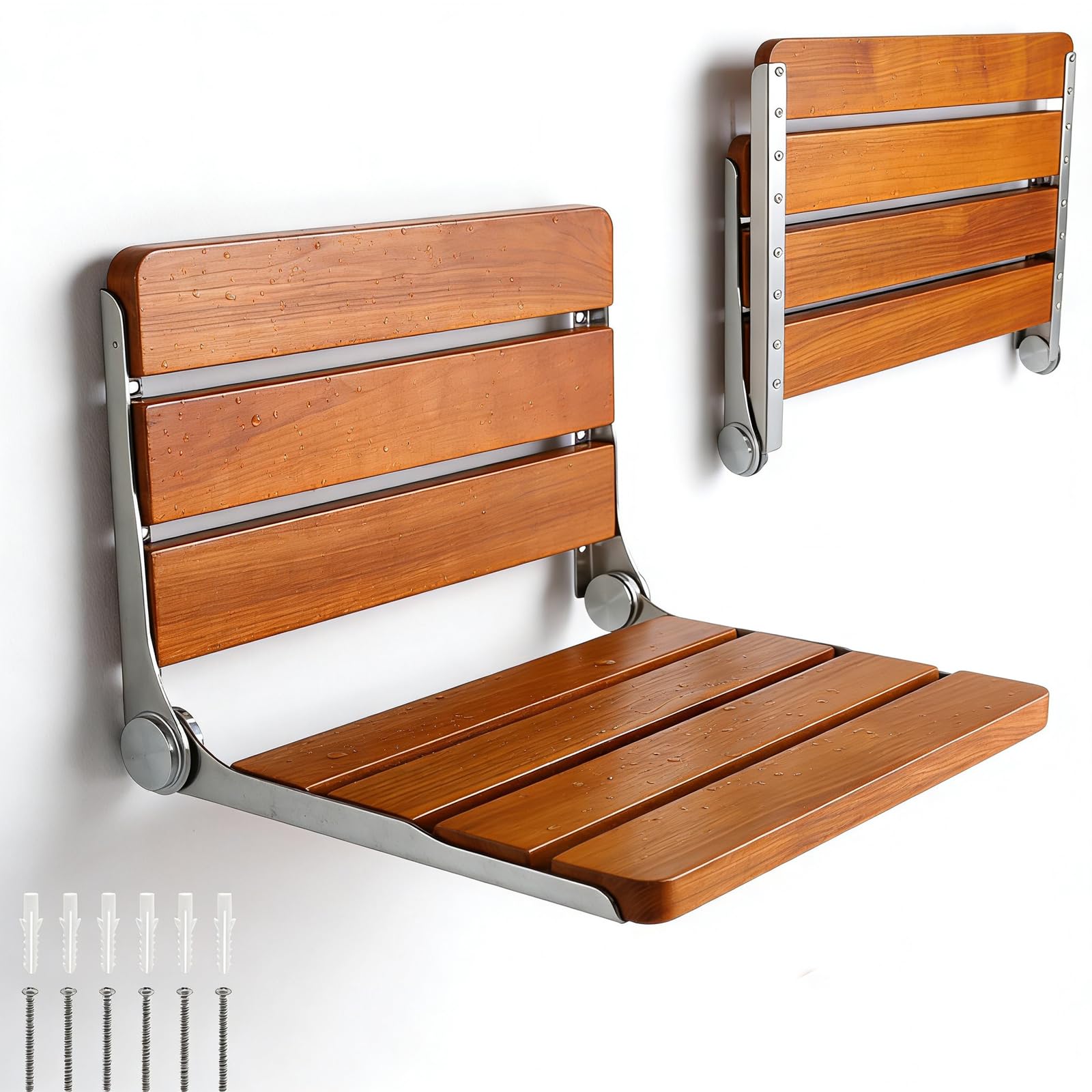Asiento de ducha plegable montado en la pared, silla plegable de ducha Bech marco de acero inoxidable 316, asiento de ducha plegable de madera de teca 450 libras, 1 paquete