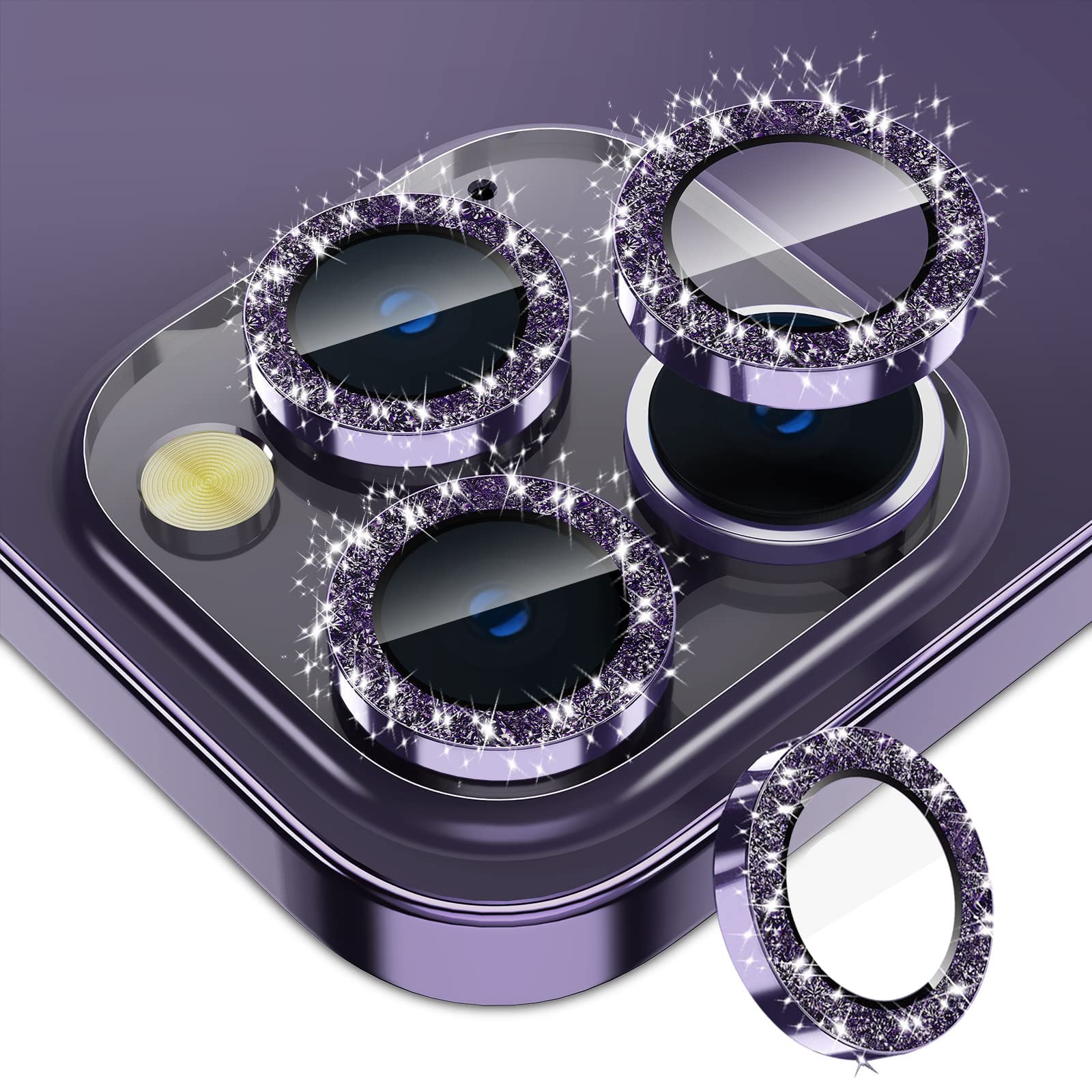 Smasener for iPhone 14 Pro - iPhone 14 Pro Max Camera Lens Protector, 9H Tempered Glass Camera Cover Screen Protector Metal Individual Ring for iPhone 14Pro 6.1 inch iPhone 14 ProMax 6.7 inch (Deep Purple Glitter)